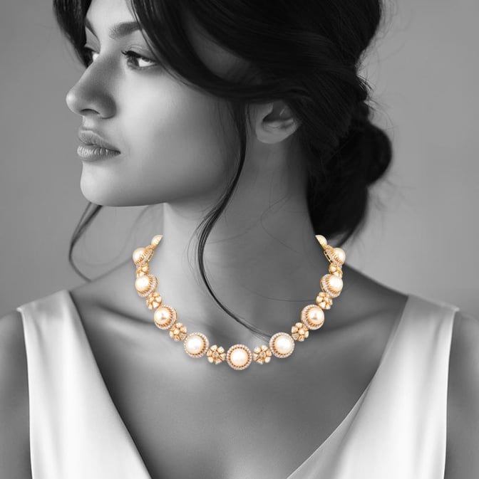 Uncut Polki Floral Necklace with Diamond and Pearls