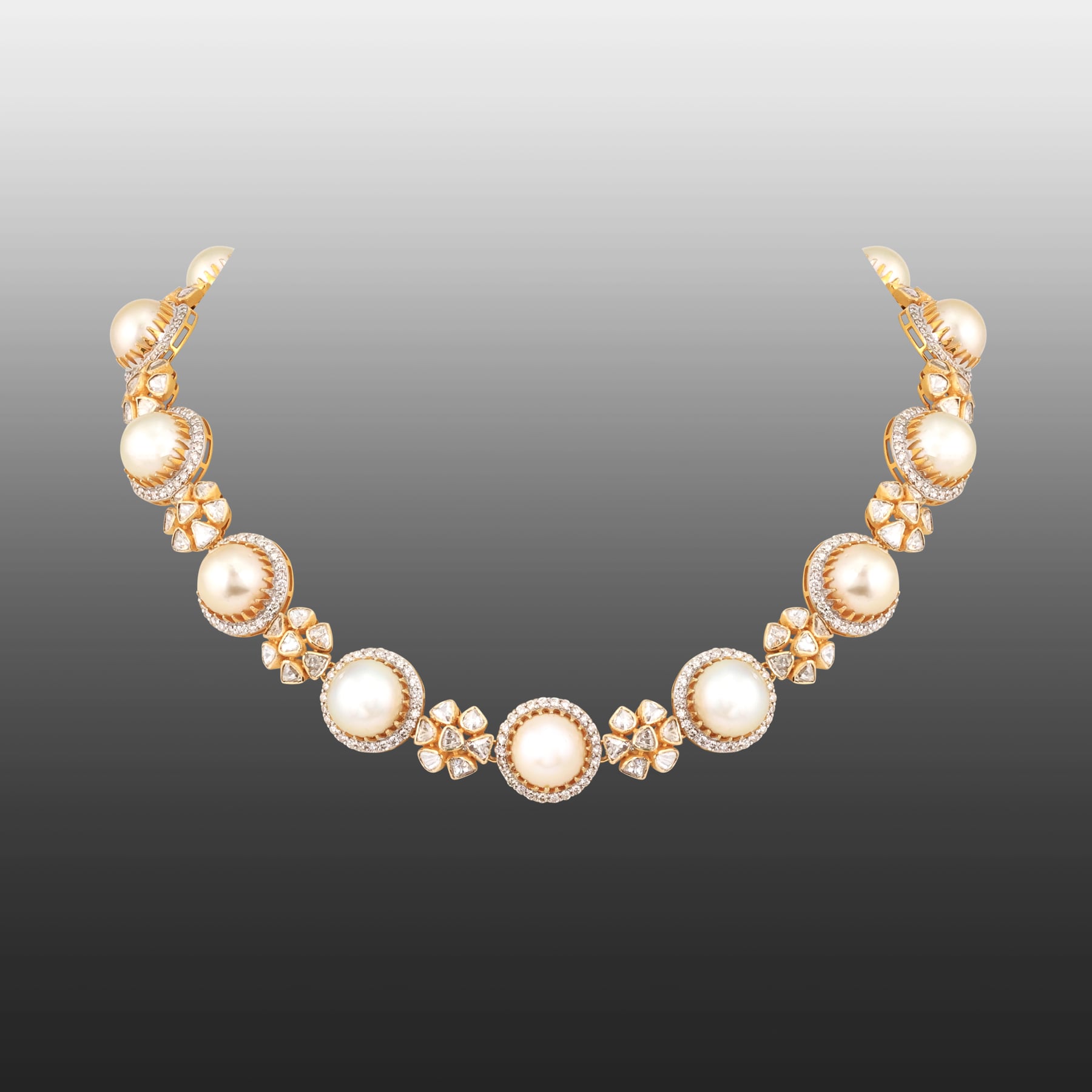 Uncut Polki Floral Necklace with Diamond and Pearls