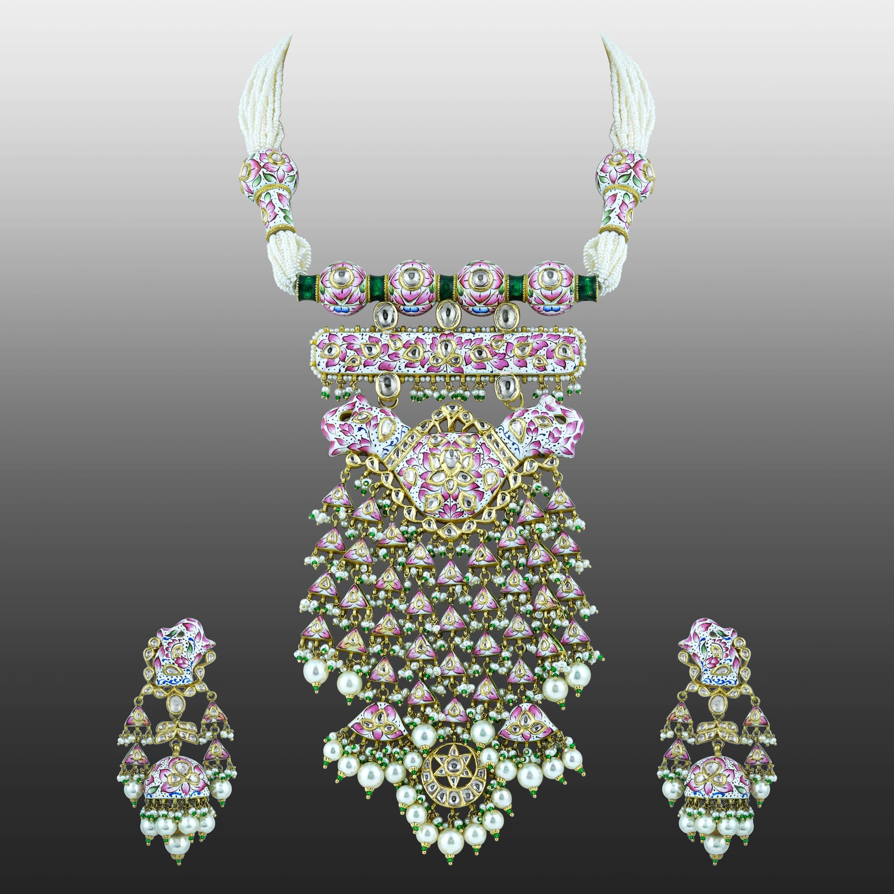 Pink White Meenakari Necklace Set with Uncut Diamond Polkis & Pearls