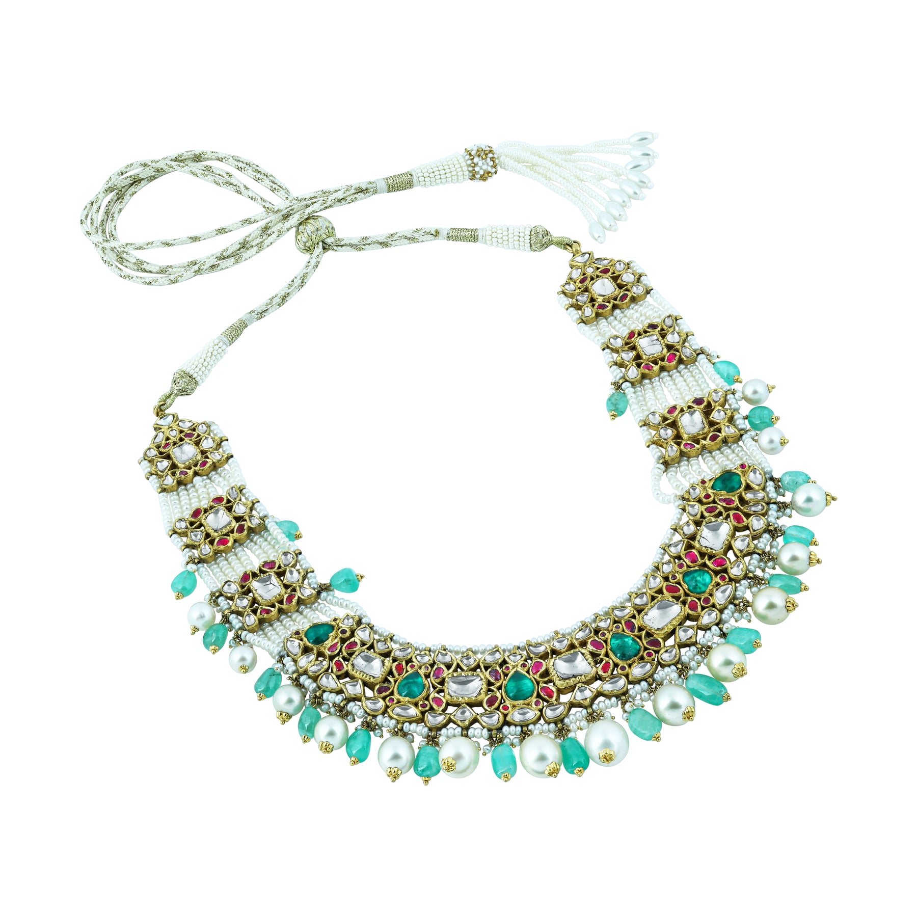 Uncut Diamond Polki Necklace Set with Emerald ,Ruby and Pearls