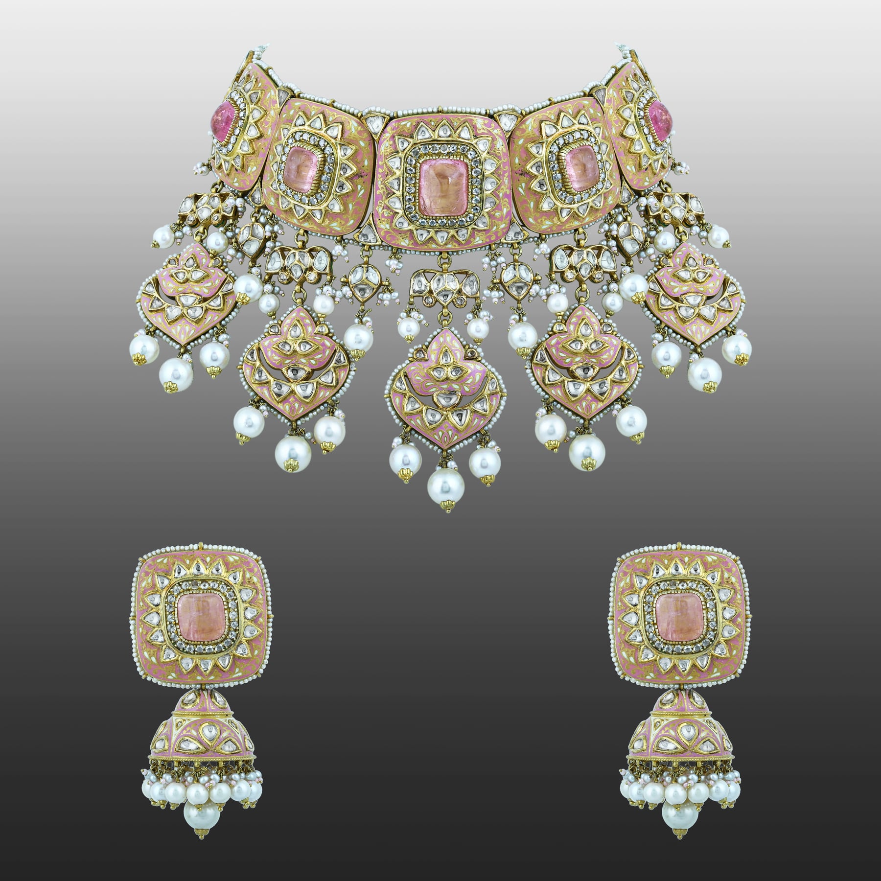 Rose Enamel Choker Set with Square Polki and Pearl Drops
