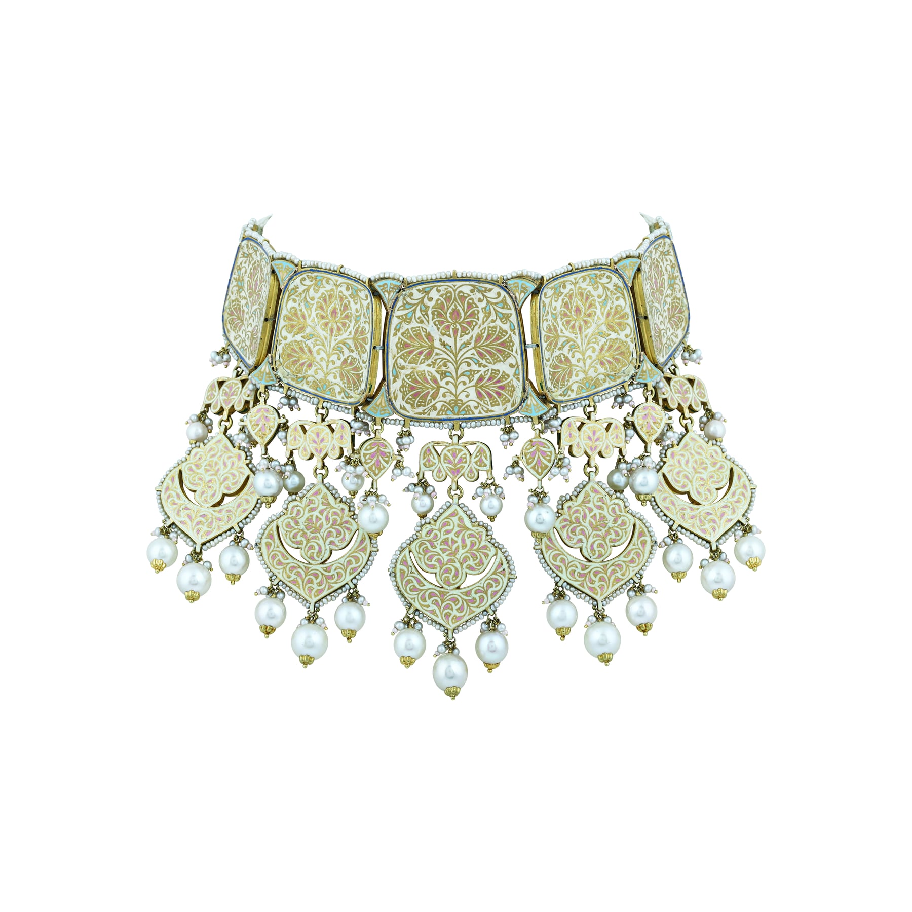 Rose Enamel Choker Set with Square Polki and Pearl Drops