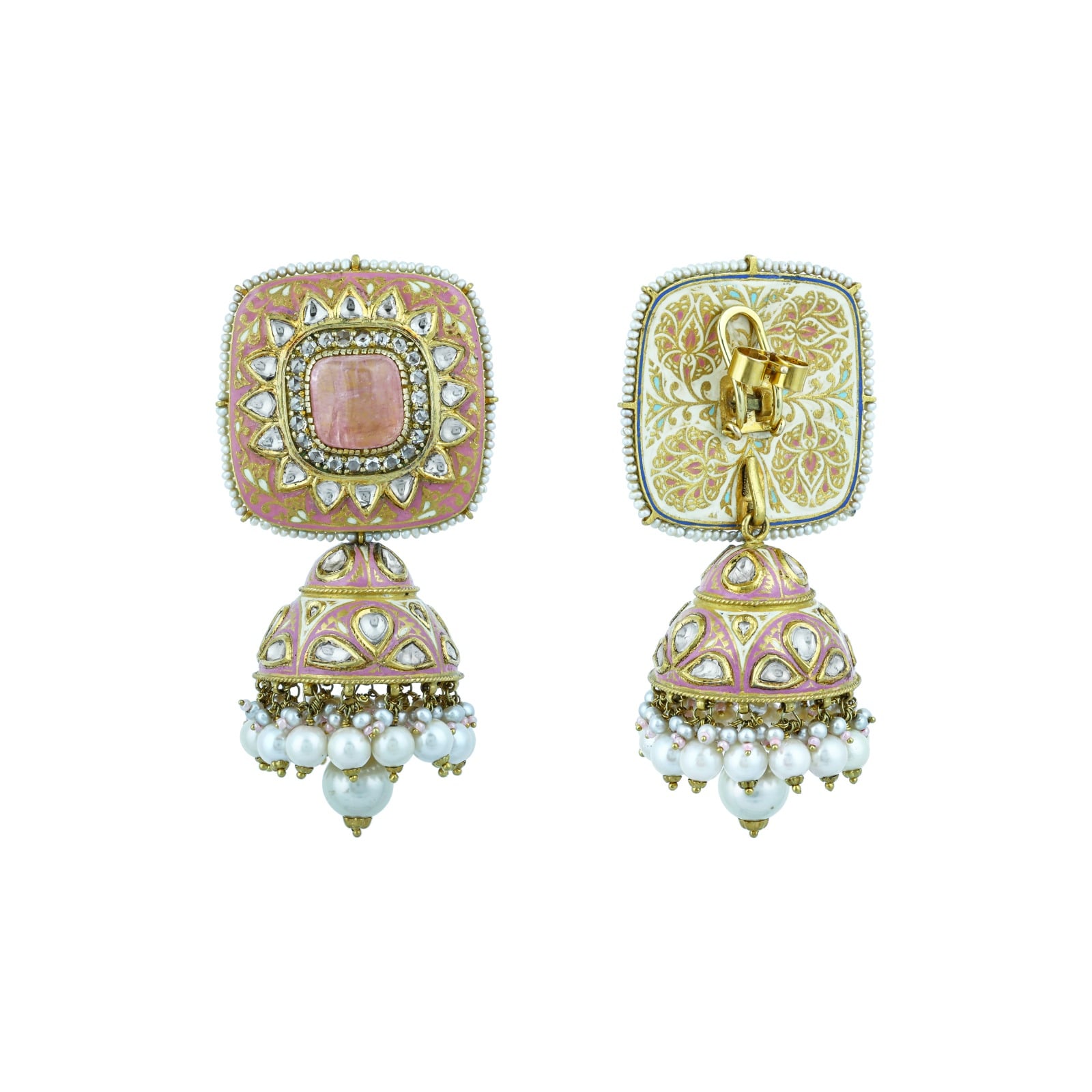 Rose Enamel Earrings with Square Polki and Pearl Drops