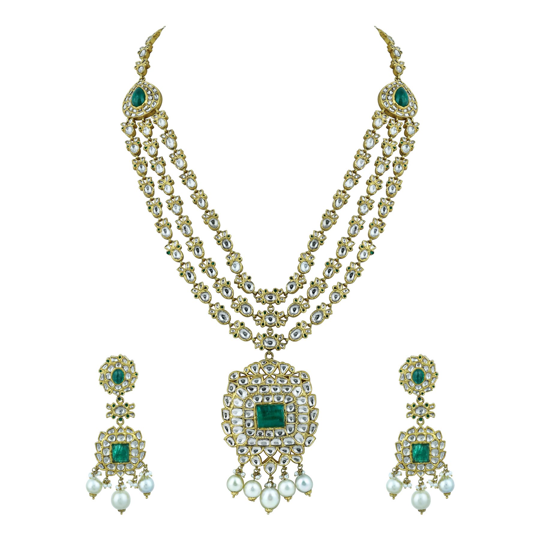 Triple-Line Necklace Set with Polkis, Emerald Pendant & Pearls