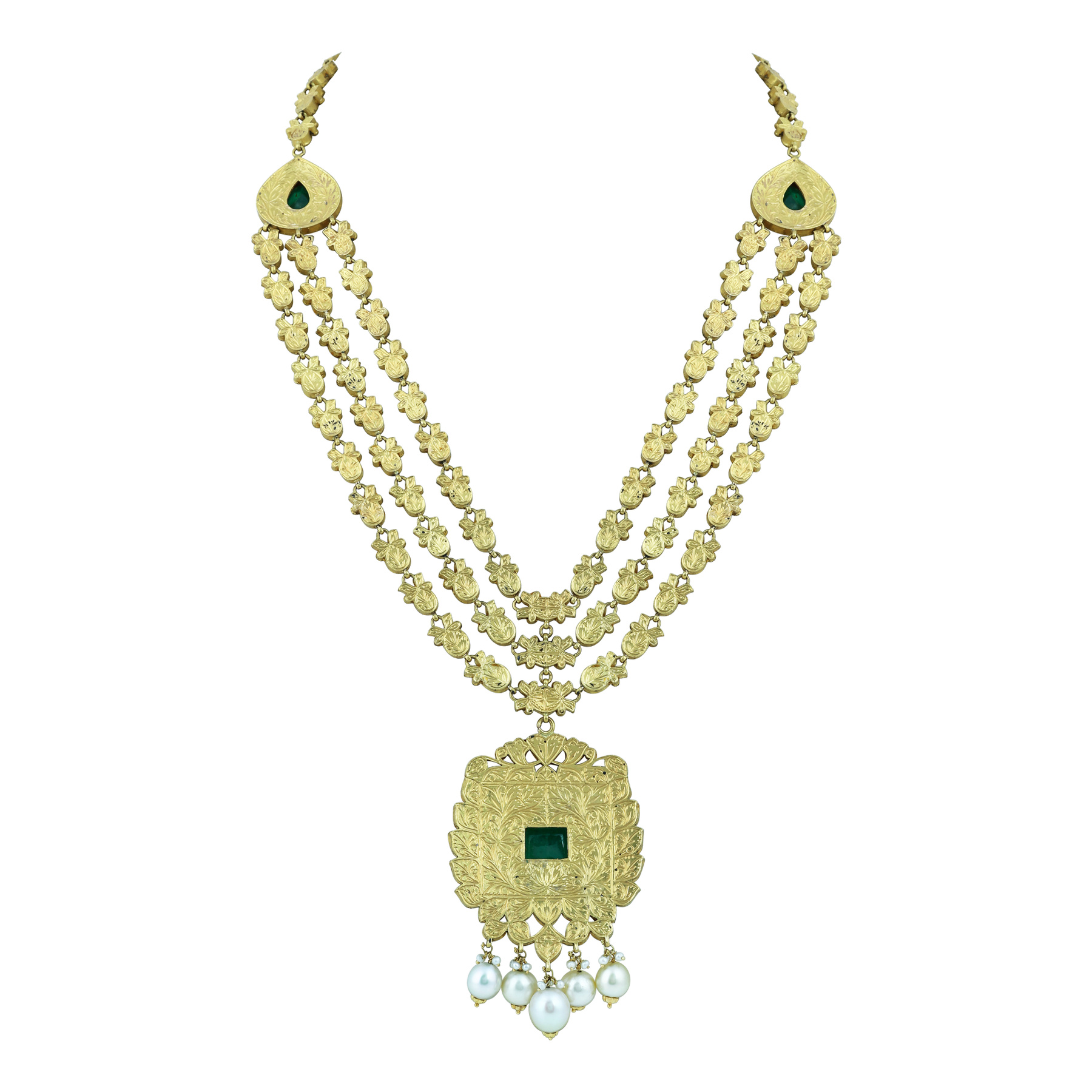 Triple-Line Necklace Set with Polkis, Emerald Pendant & Pearls