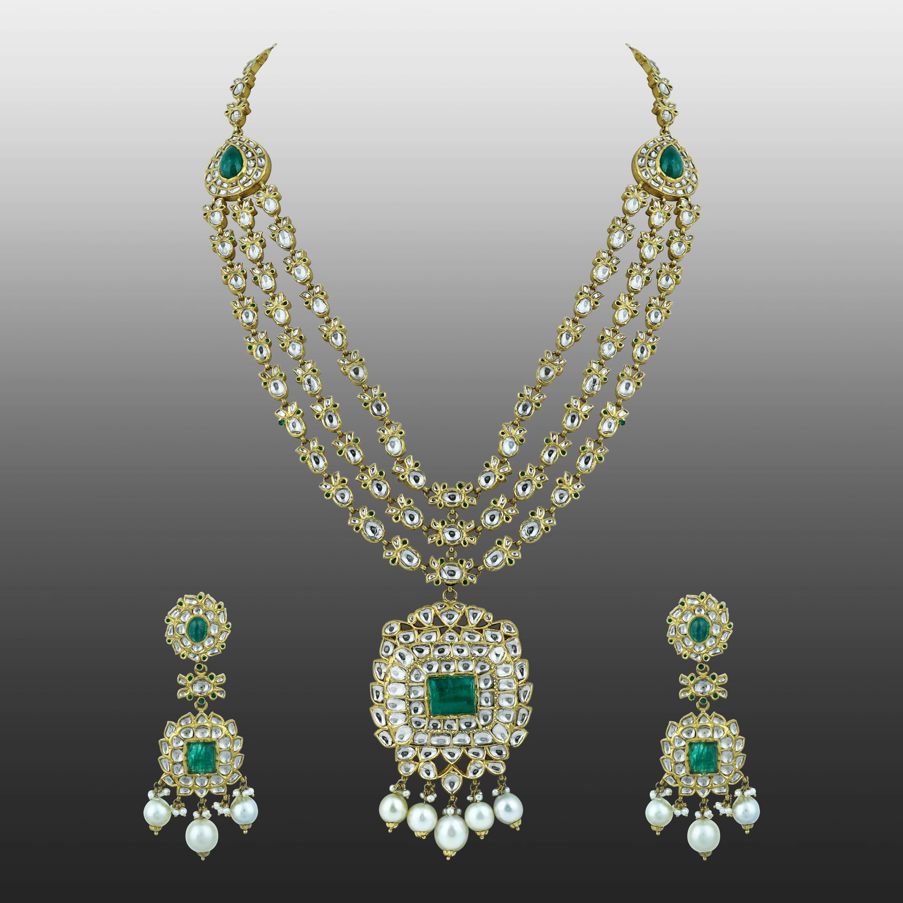Triple-Line Necklace Set with Polkis, Emerald Pendant & Pearls