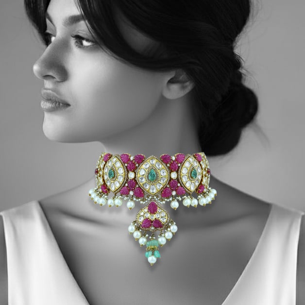Ruby, Diamond & Emerald Choker Set with Pearl Drops