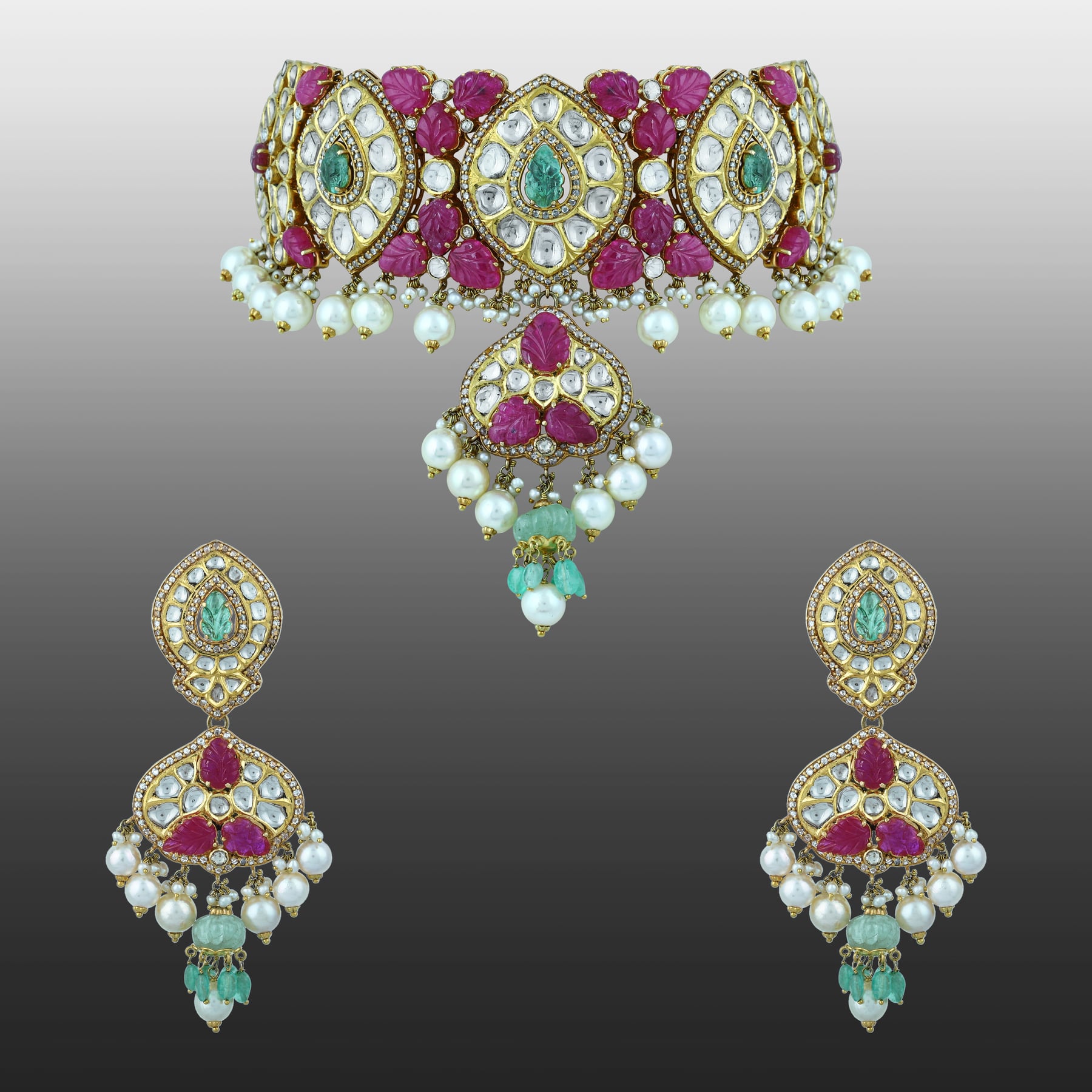 Ruby, Diamond & Emerald Choker Set with Pearl Drops
