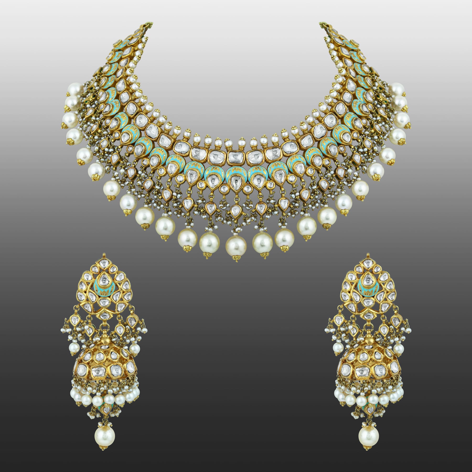 Mint Meenakari Necklace Set with Polki & Pearls