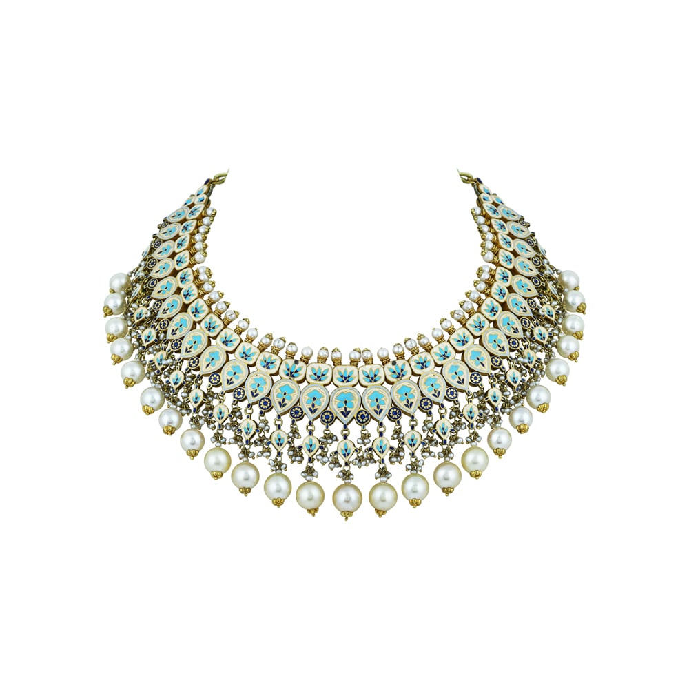 Mint Meenakari Necklace Set with Polki & Pearls
