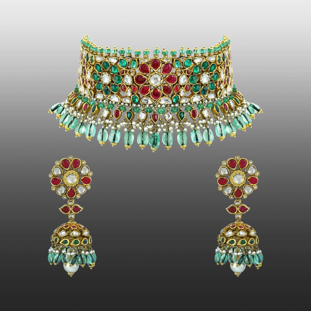Green and Red Talaf Choker Set with Uncut Diamonds and Jhumkas