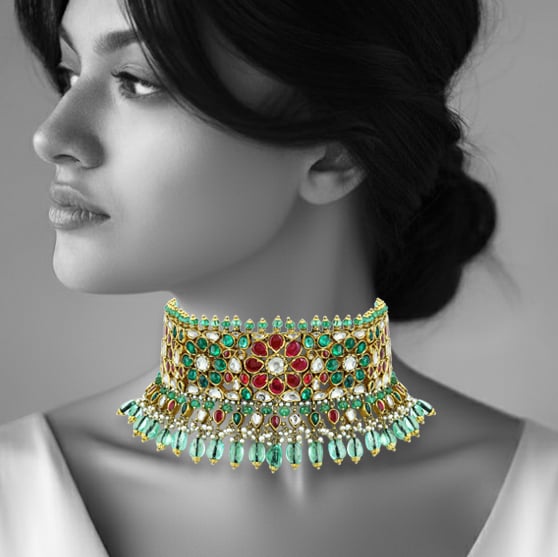 Green and Red Talaf Choker Set with Uncut Diamonds and Jhumkas