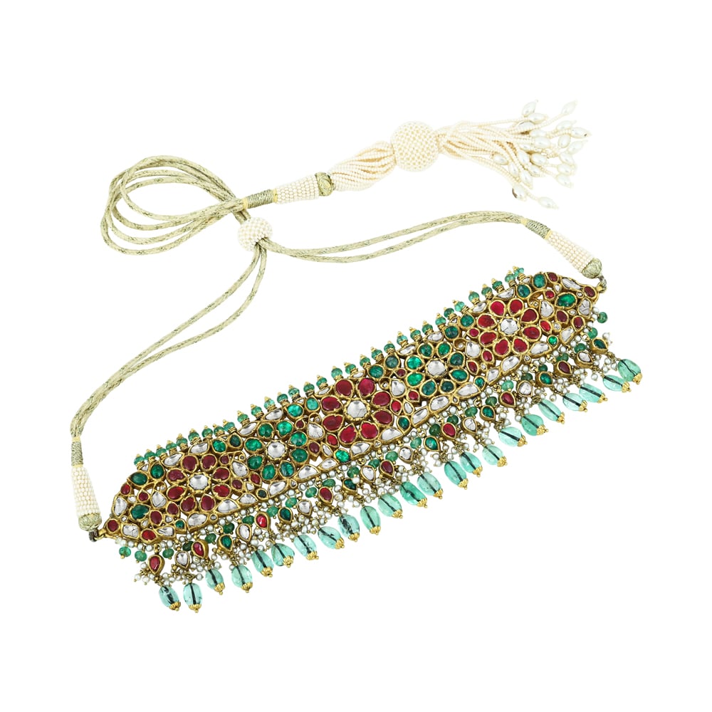 Green and Red Talaf Choker Set with Uncut Diamonds and Jhumkas