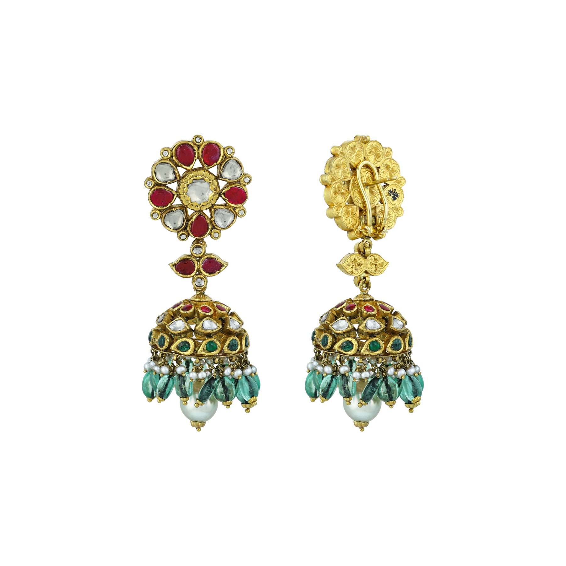 Green and Red Talaf Choker Set with Uncut Diamonds and Jhumkas
