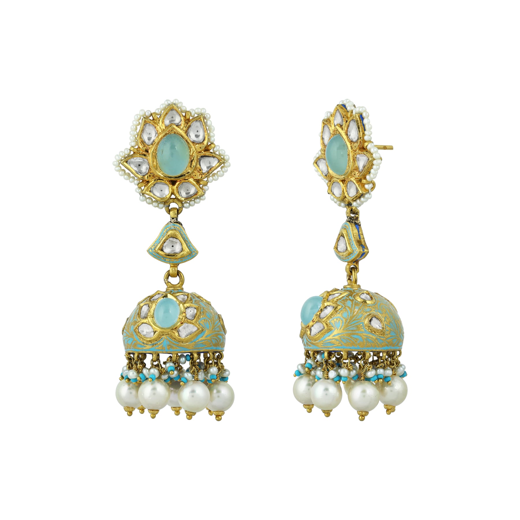 Multi-Strand Pearl Necklace Set with Polki Pendant and Blue Enamel