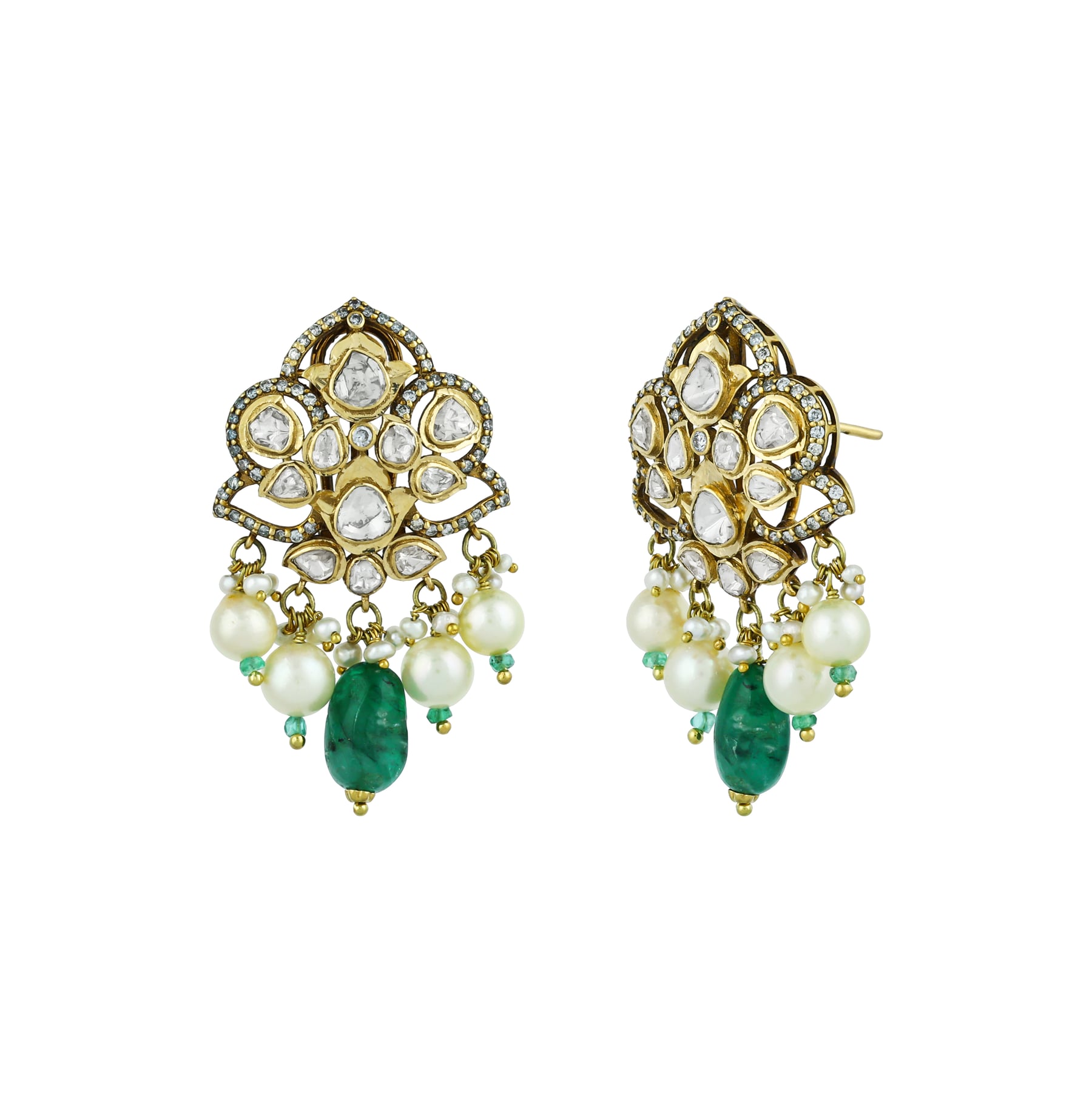 Floral Polki Earrings with Emerald and Pearl Drops