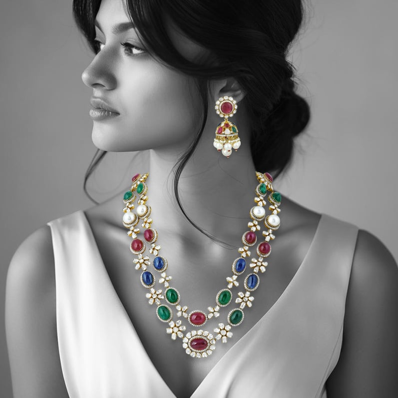 Navratan Necklace Set with Open Polki and Floral Motifs