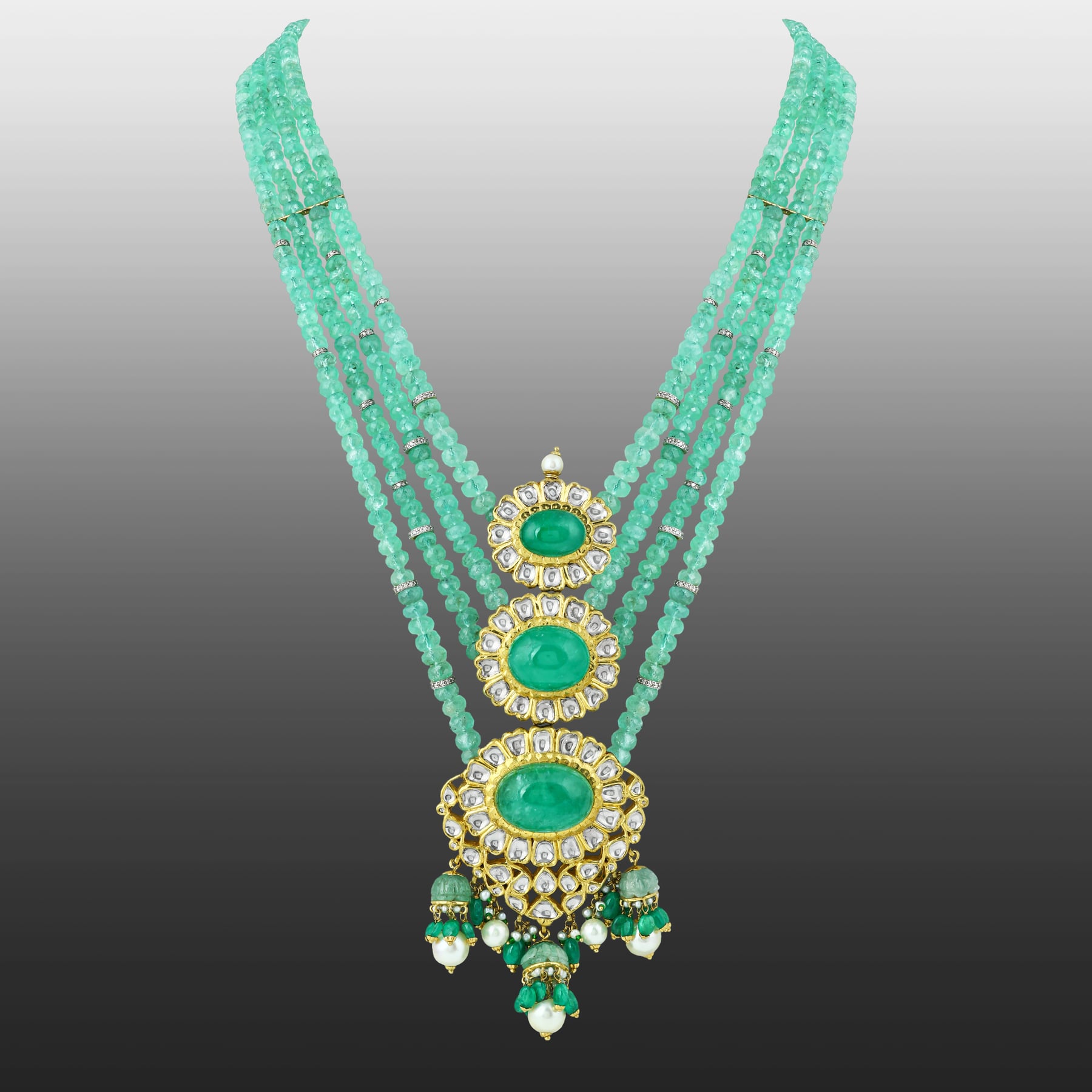 Triple Green Oval Necklace with Polki and Pearl Drops