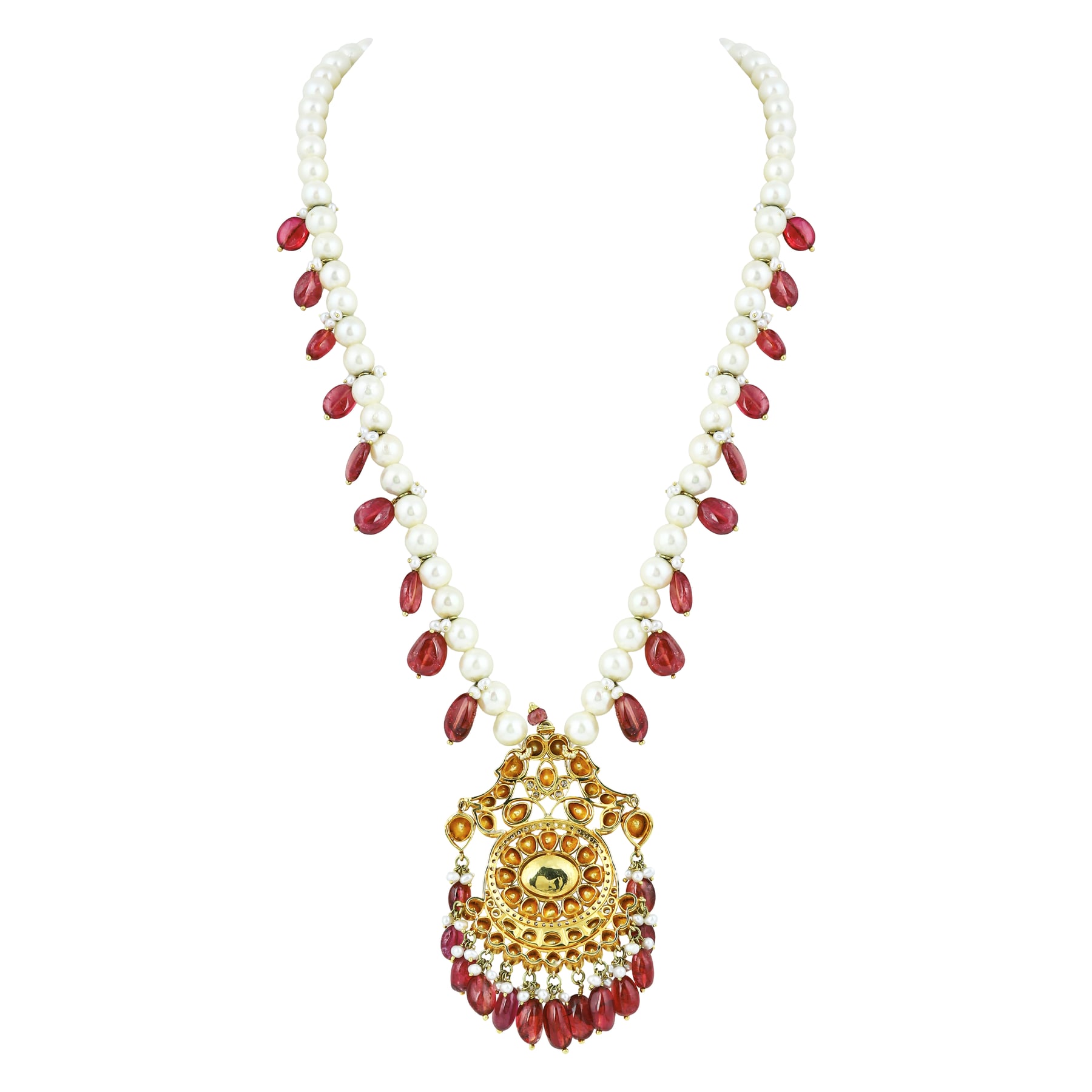 Pearl Necklace with Tourmalines & Uncut Diamond Pendant
