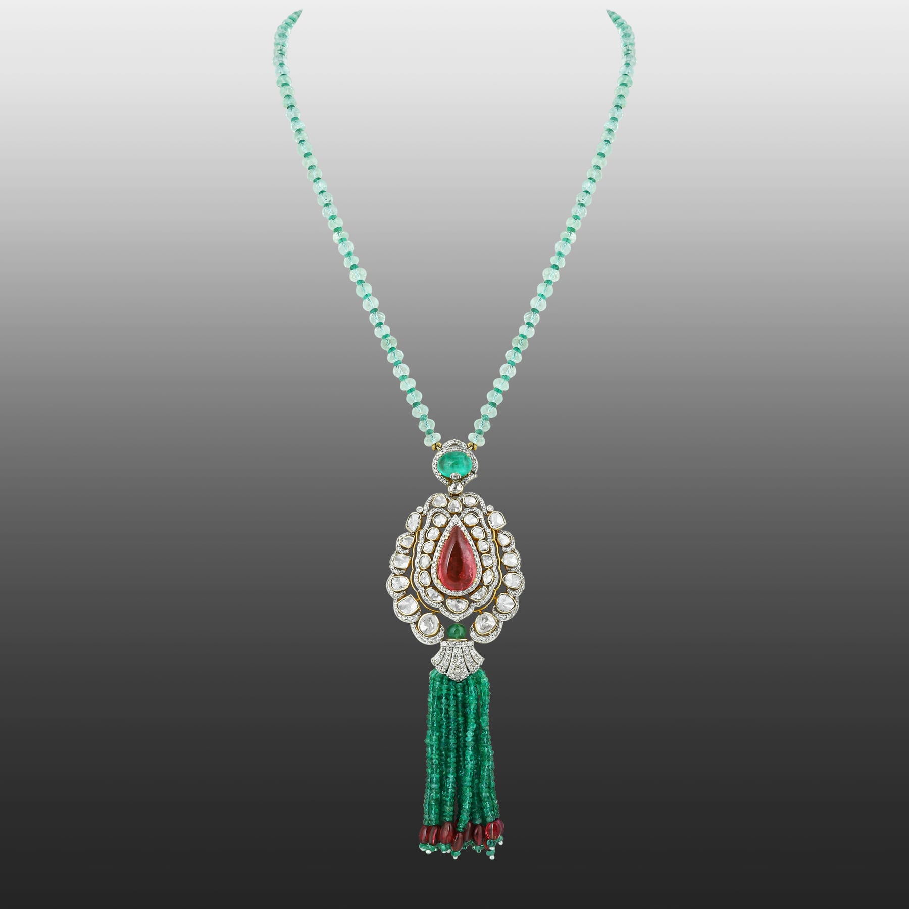 Pear Tourmaline Polki Pendant with Emerald Bead Tassels