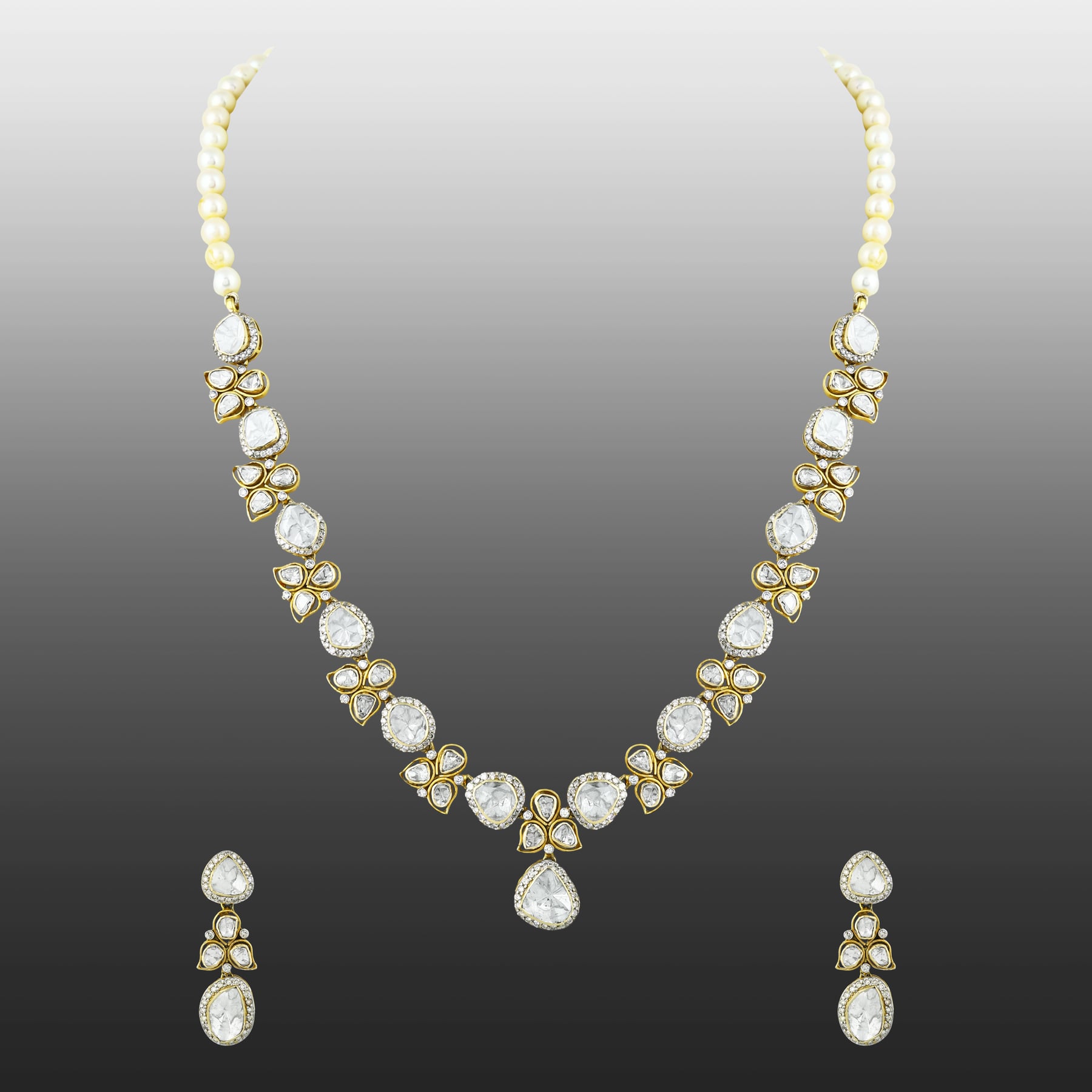 Floral Polki Necklace Set with Pearls and Matching Earrings