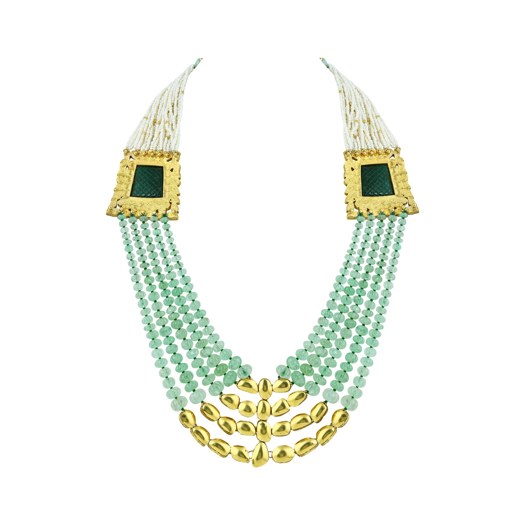 Polki Necklace with Carved Gemstone & Cascading Green Beads