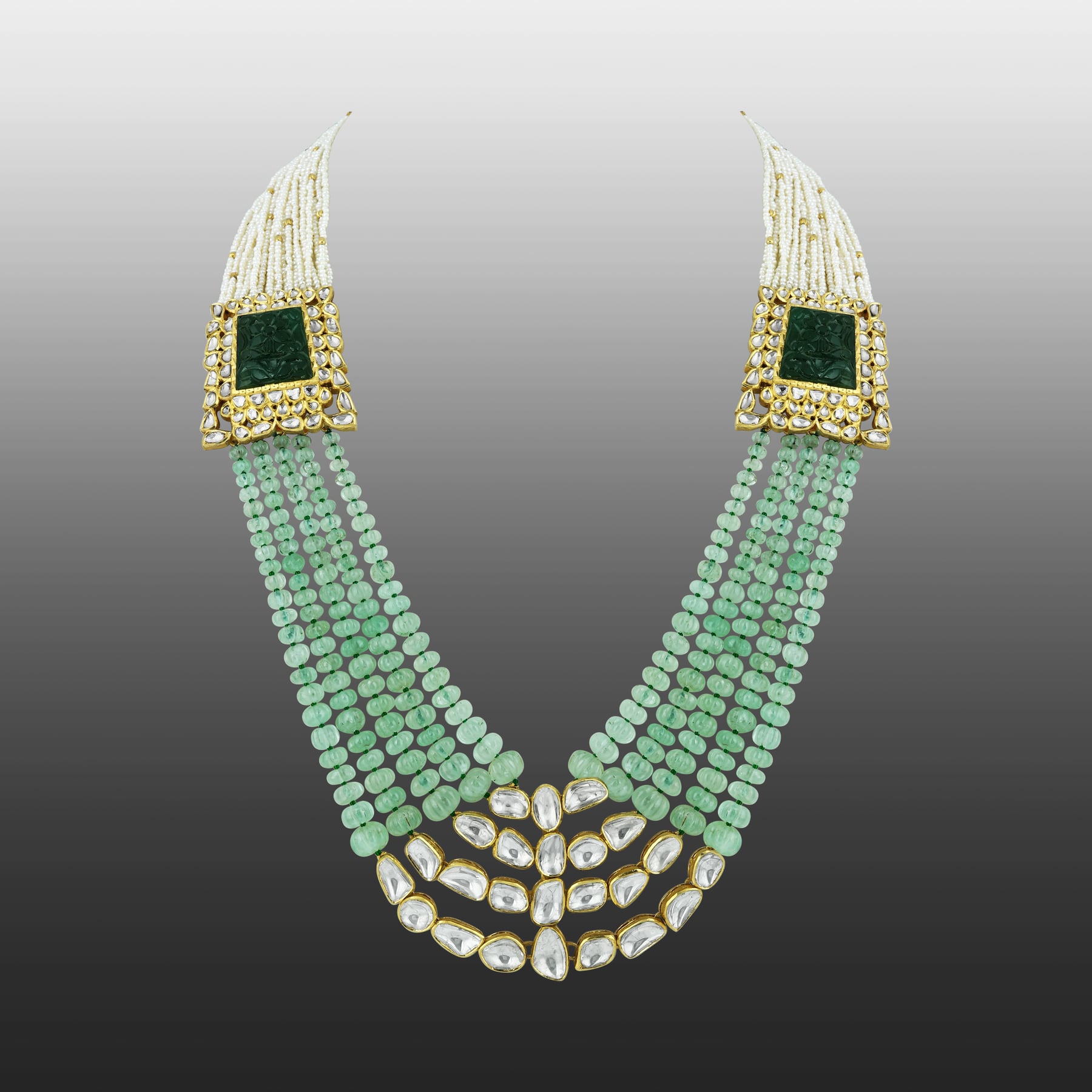 Polki Necklace with Carved Gemstone & Cascading Green Beads