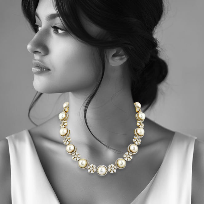 Pearl Necklace with Polki Floral Motifs & Diamond Halos