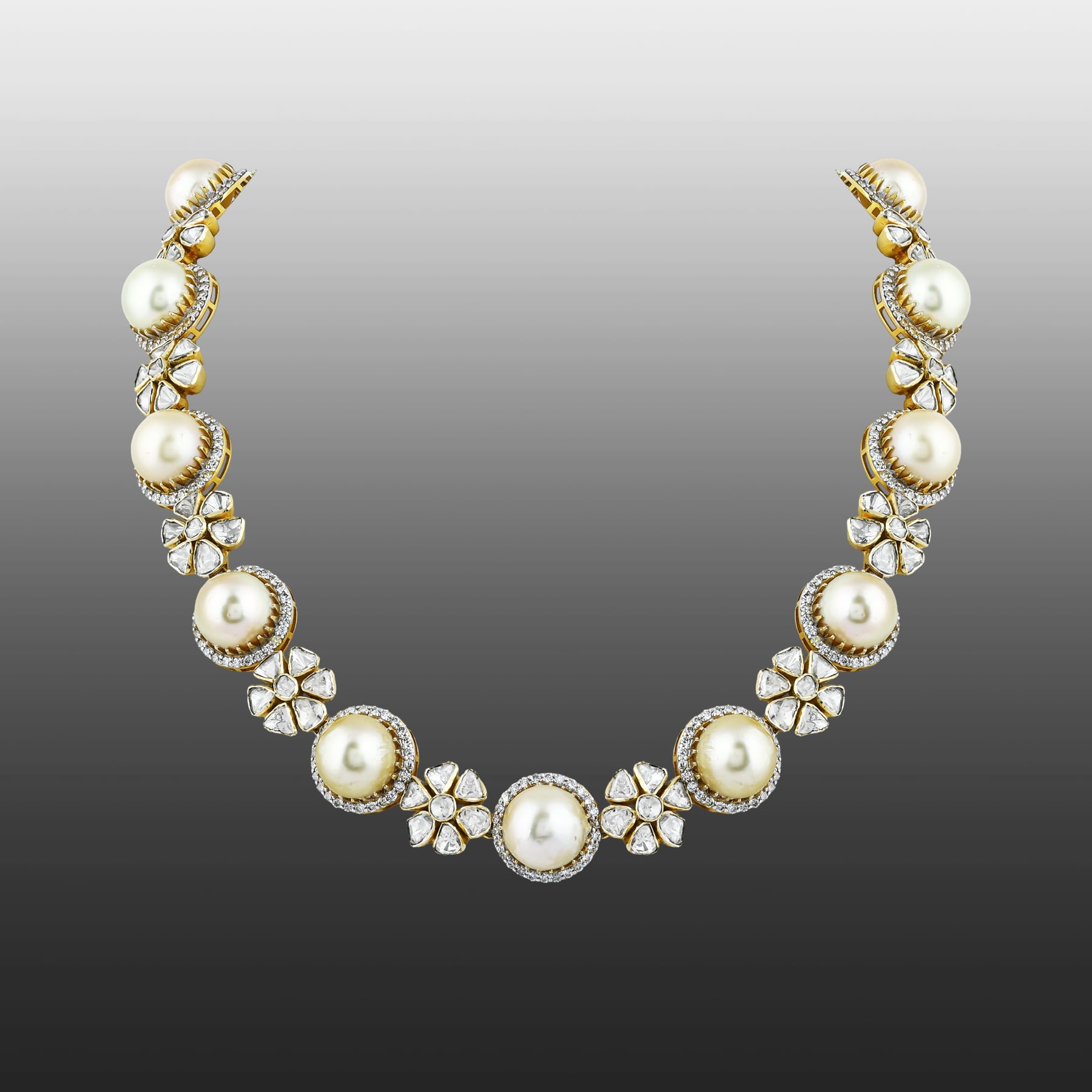 Pearl Necklace with Polki Floral Motifs & Diamond Halos