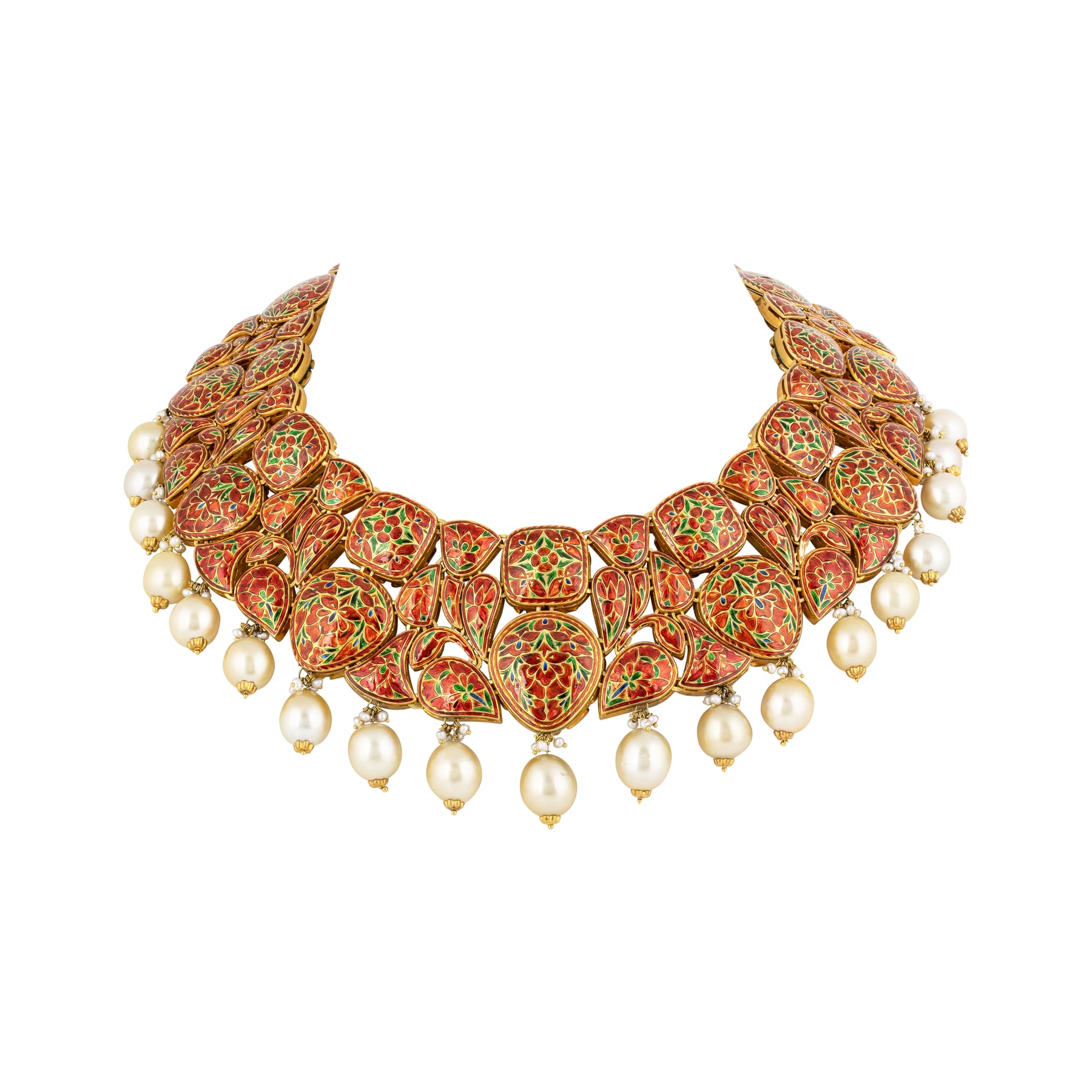 Polki Necklace Set with Pearl Drops & Green Enamel Cluster Polki