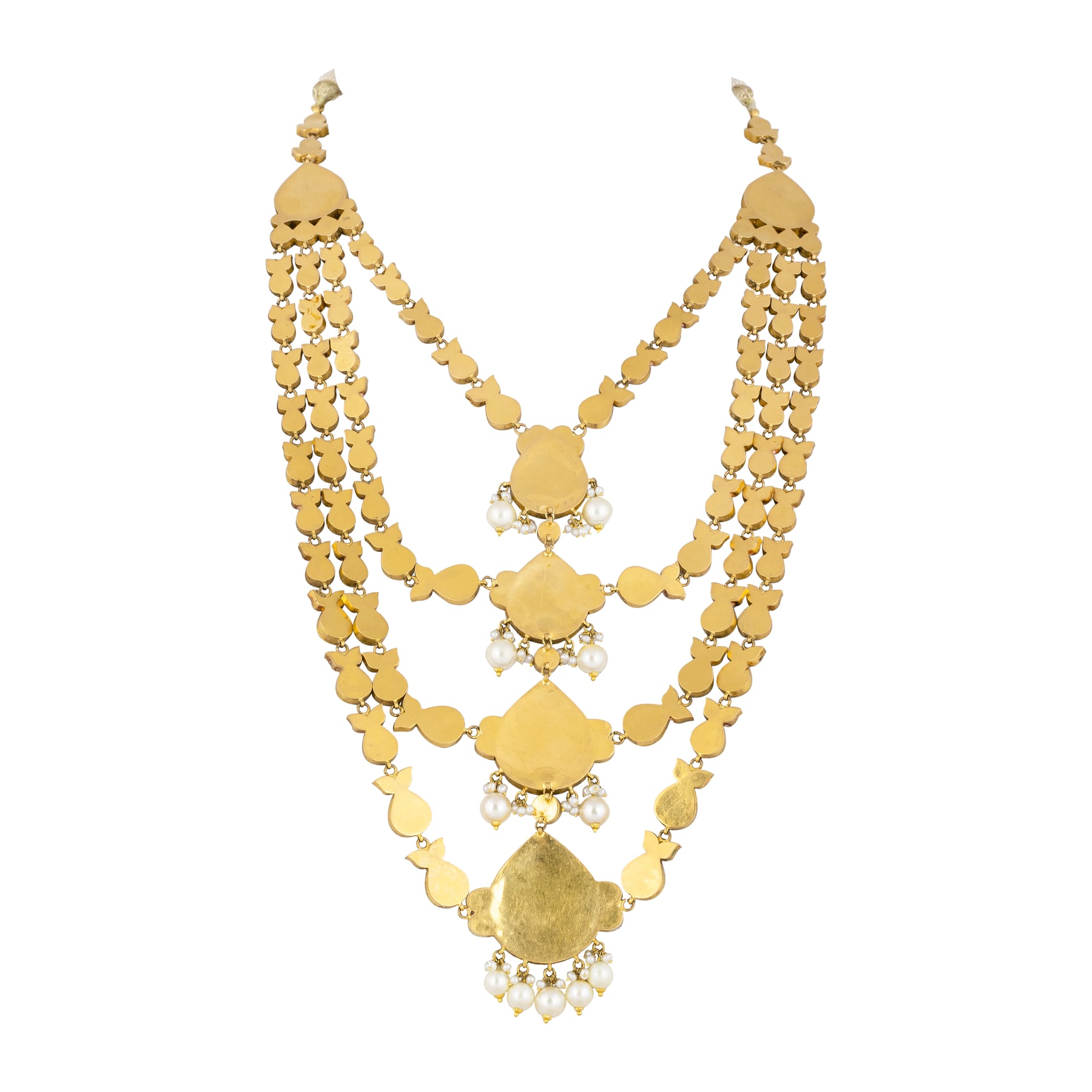 Quad Layer Necklace with Red Stones, Uncut Diamonds & Pearl Drops