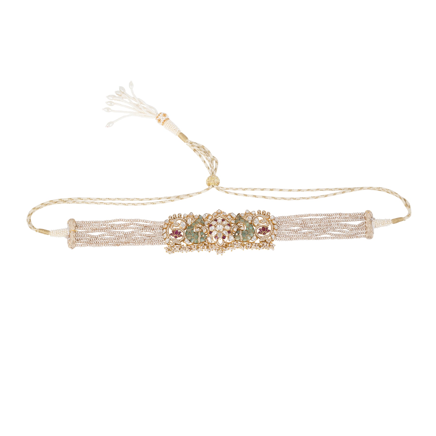 Floral Polki Diamond Choker Set with Green Talaf & Fish Motifs