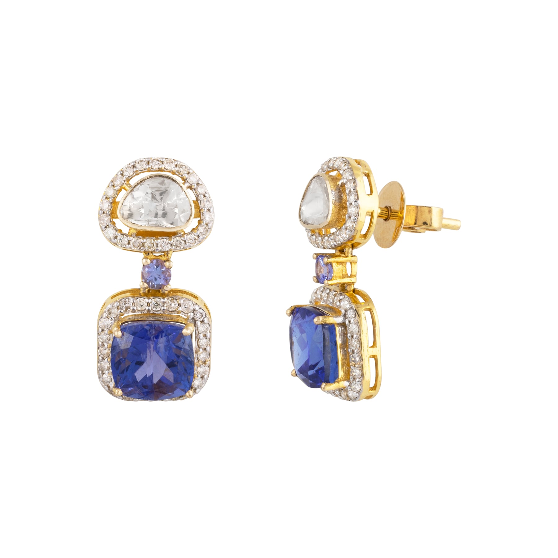 Tanzanite & Polki Diamond Necklace Set with Pave Detailing