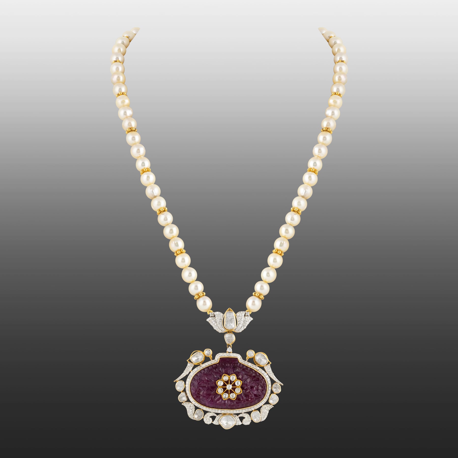 Carved Red Centerpiece Polki Pendant with Diamond Lotus & Pearls