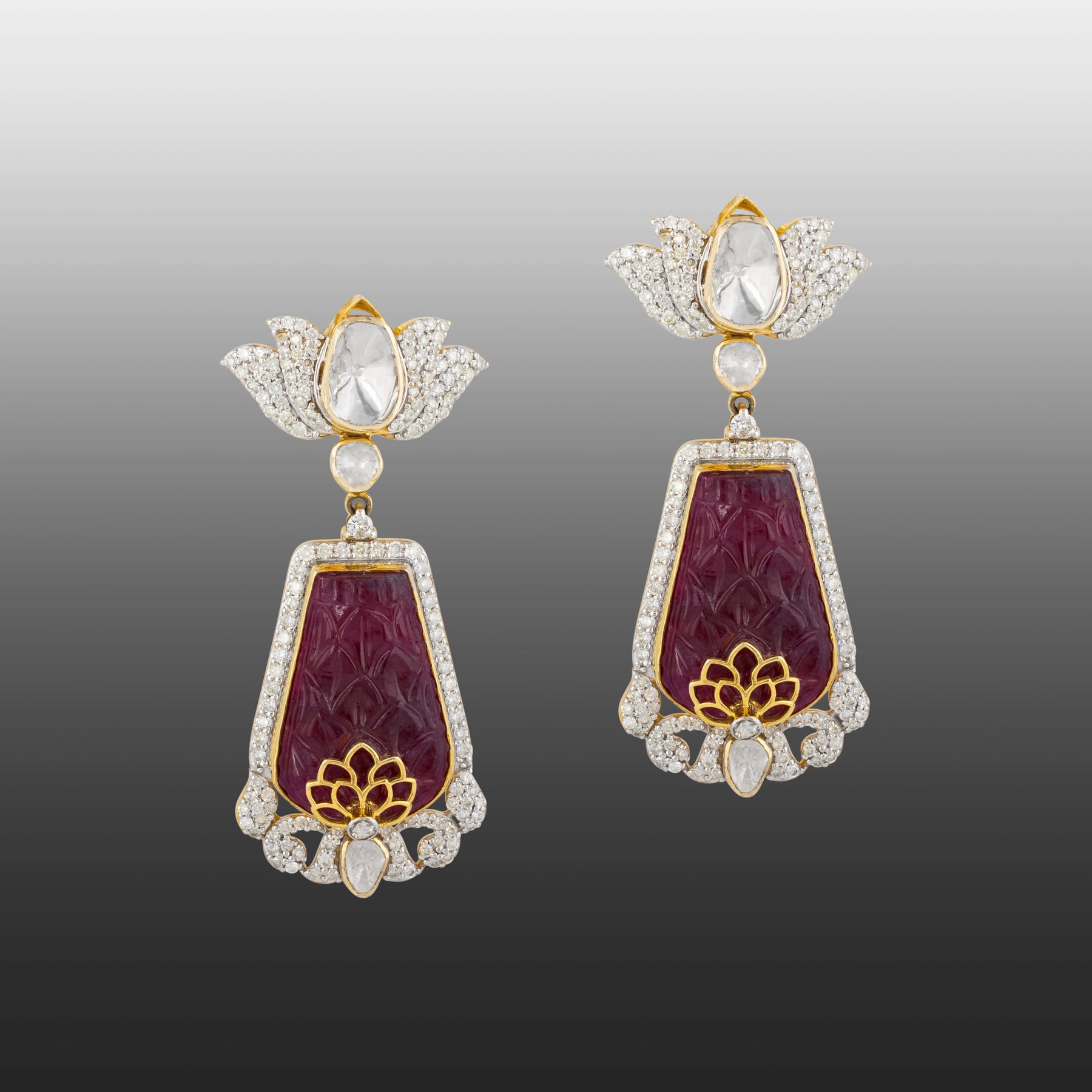 Carved Red Centerpiece Polki Earrings with Diamond Lotus Motif