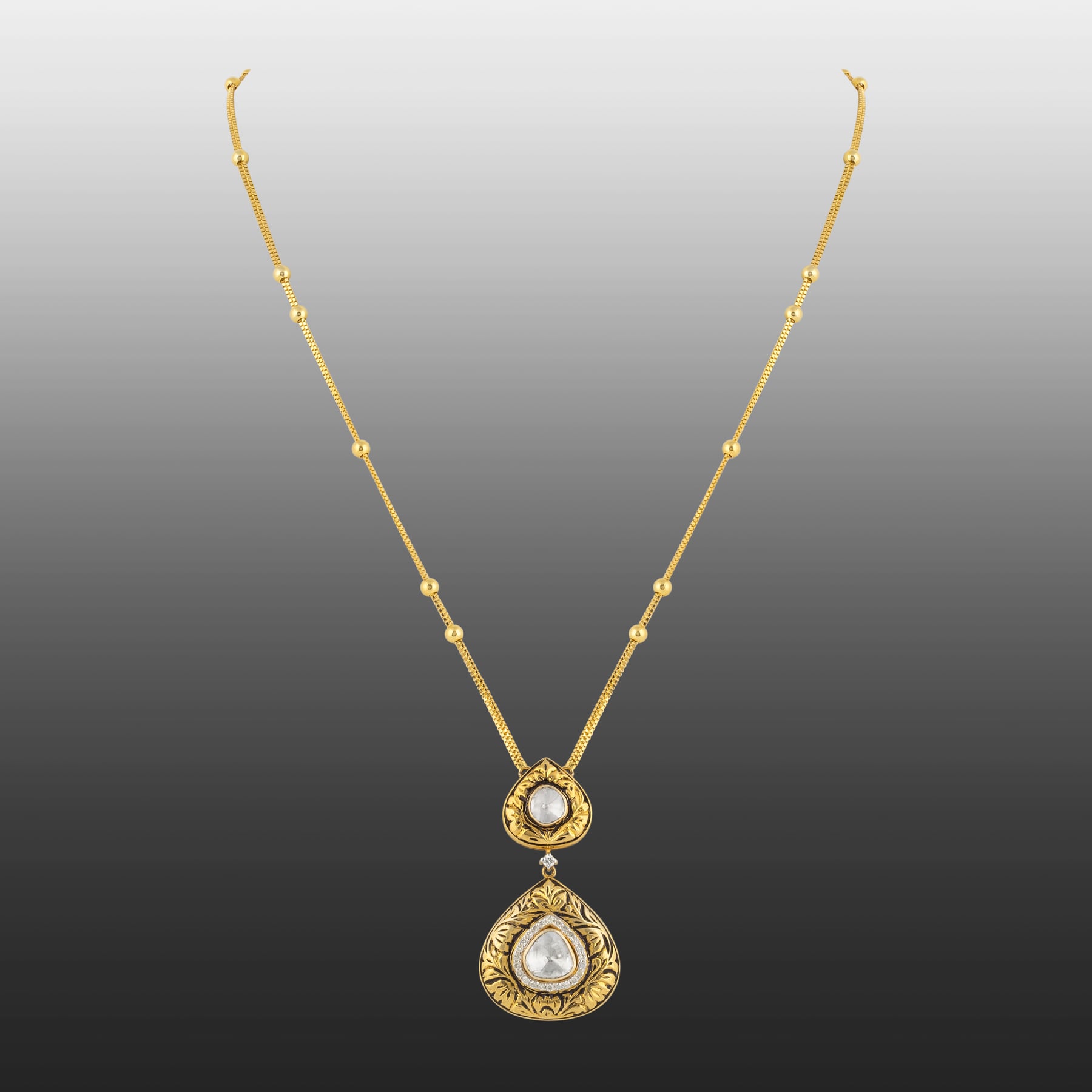 Double-Tiered Uncut Diamond Polki Pendant with Partash Work