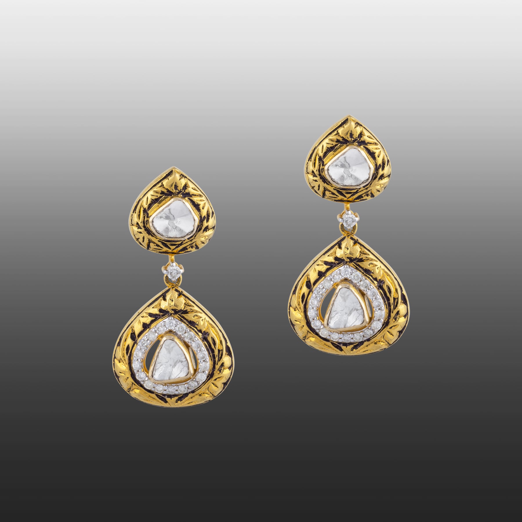 Teardrop Uncut Diamond Polki Earrings with Partash Gold Detailing