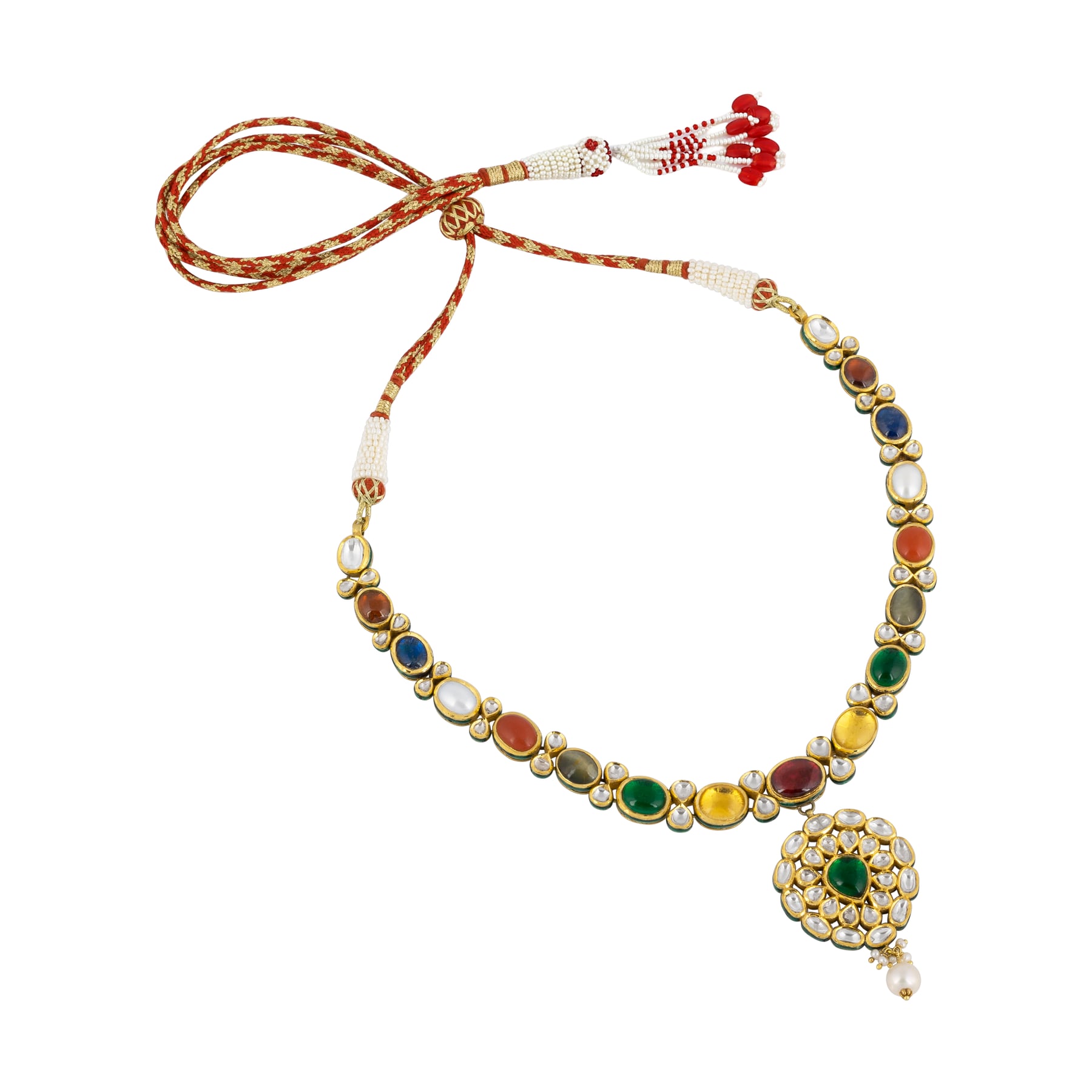 Navratna Necklace with Polki , Pearl & Teardrop Pendant