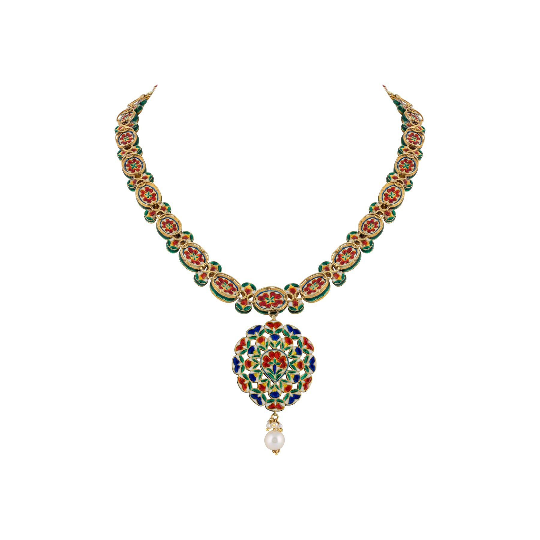 Navratna Necklace with Polki , Pearl & Teardrop Pendant