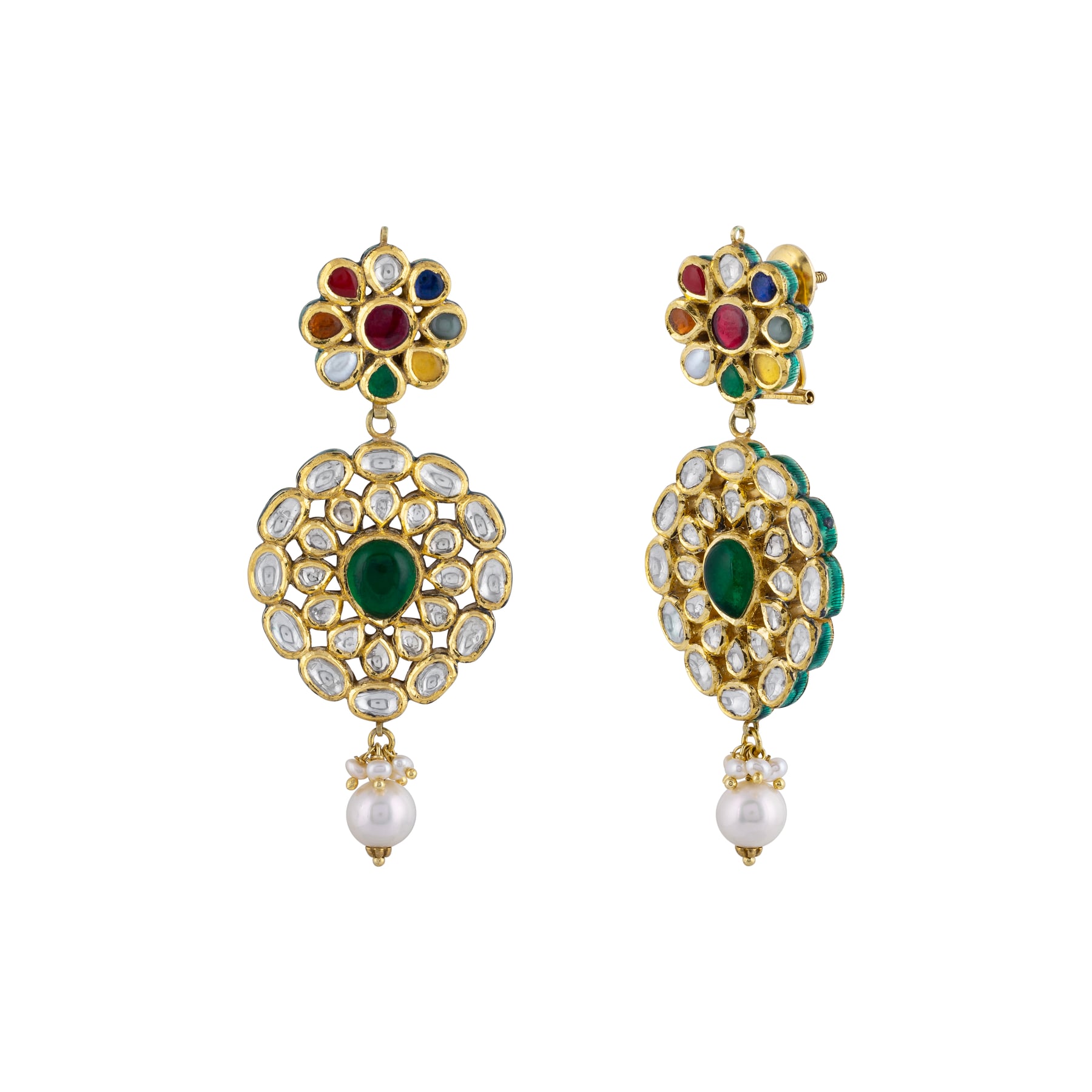 Floral Navratna Earrings with Polki Pear Drop