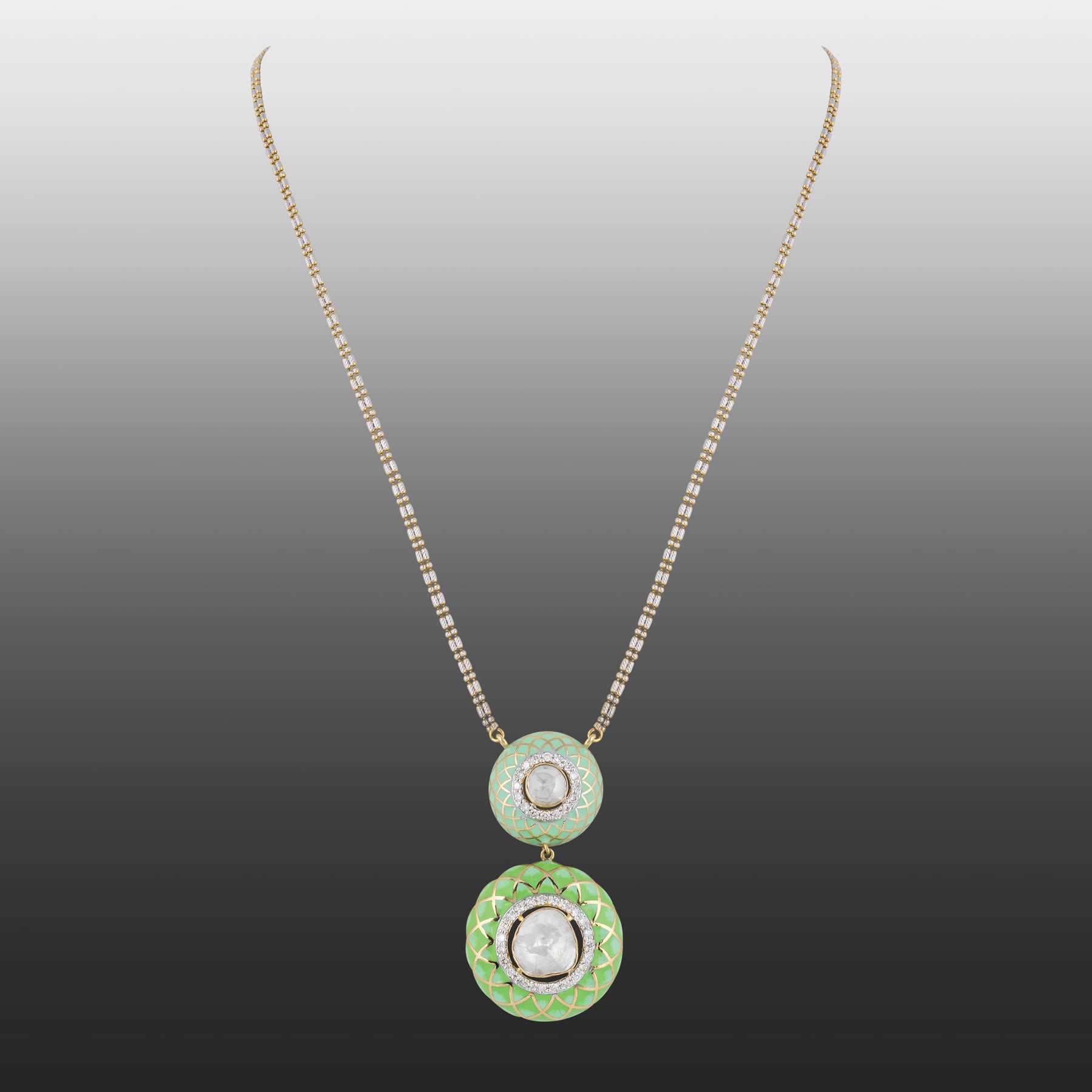 Two-tiered Polki Pendant with Pastel Green Enamel
