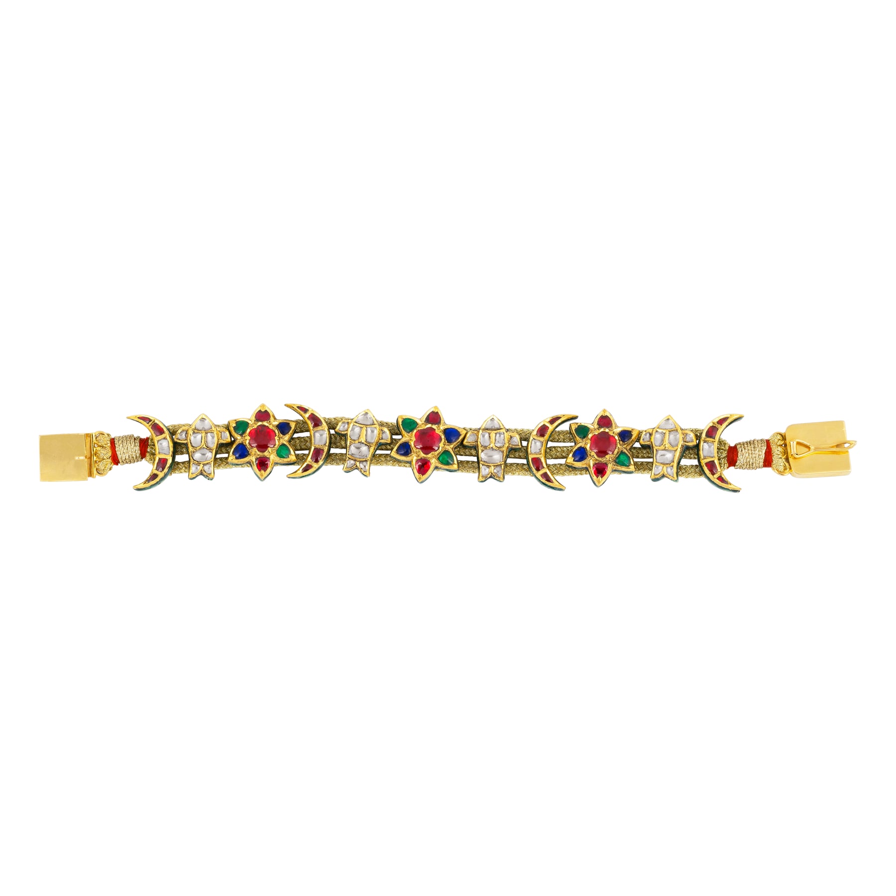 Floral & Crescent Motif Bracelet with Coloured Gemstones and Polki