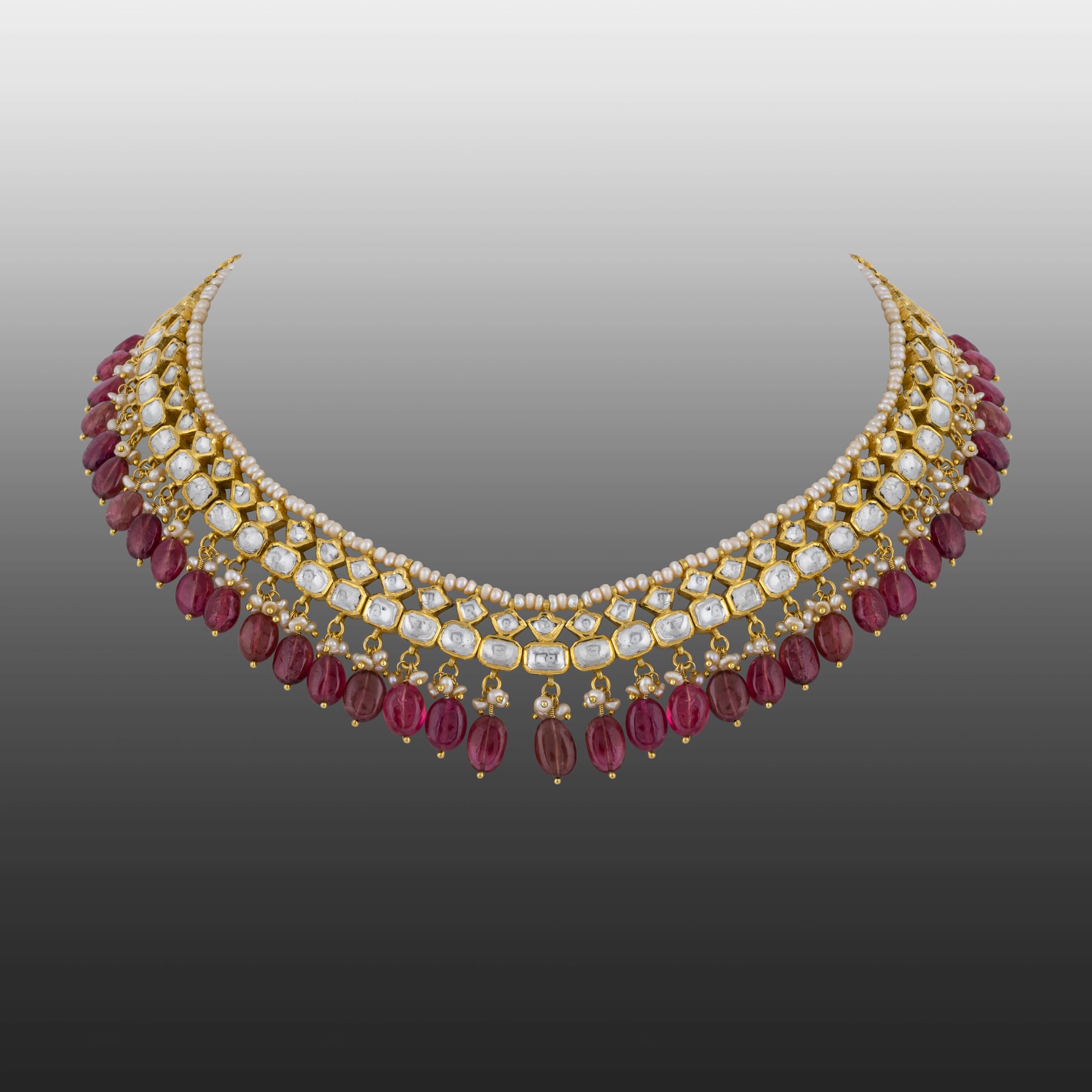 Polki Necklace with Tourmaline Drops and Pearl Beads