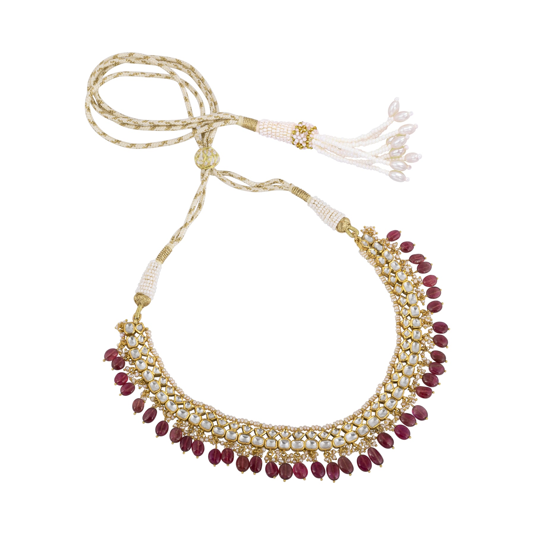 Polki Necklace with Tourmaline Drops and Pearl Beads