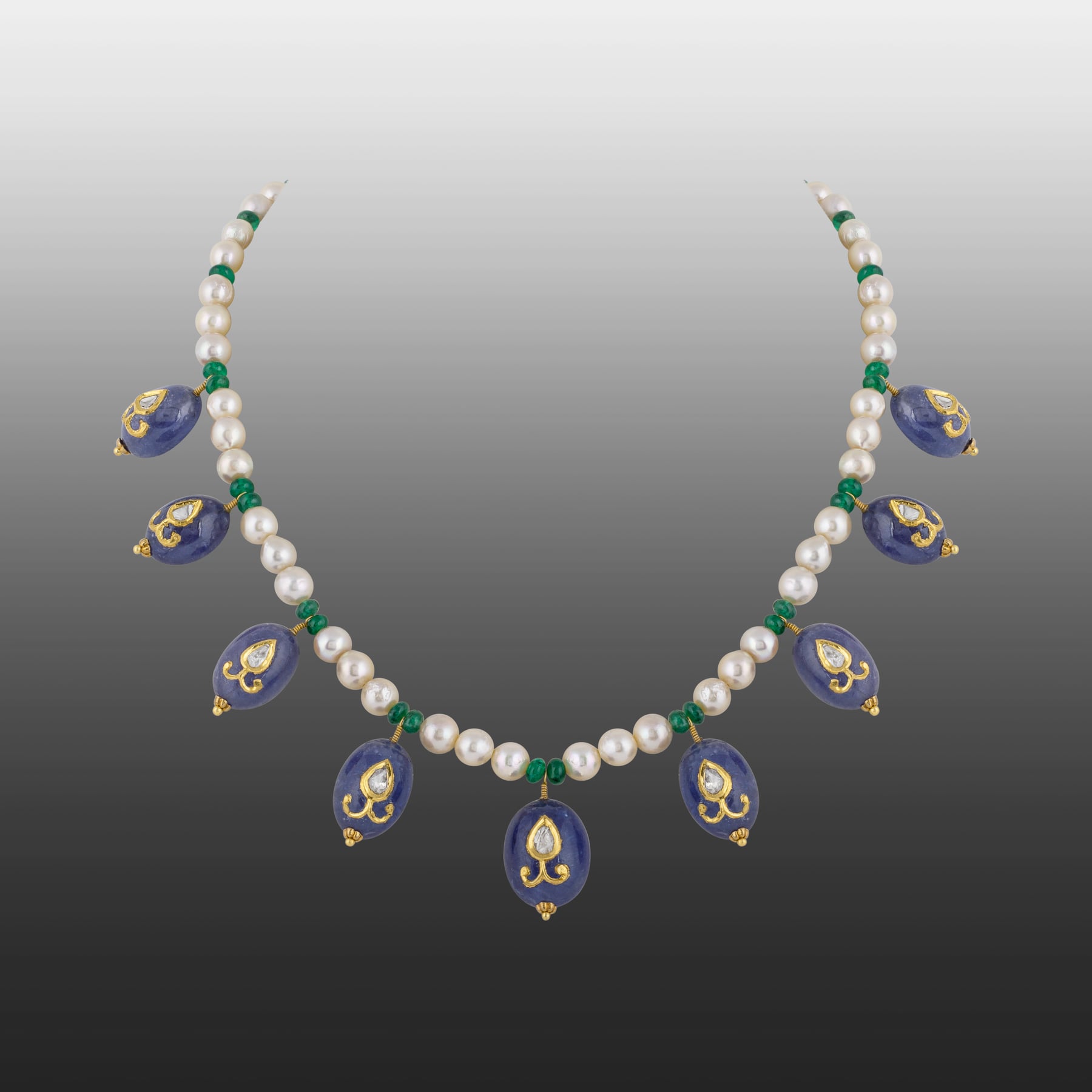 Polki Necklace Jadau Amethyst Hung on Pearl and Green Beads String