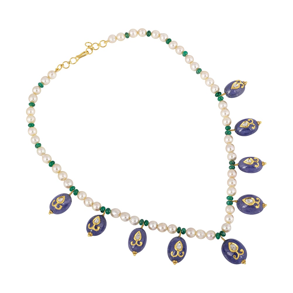 Polki Necklace Jadau Amethyst Hung on Pearl and Green Beads String