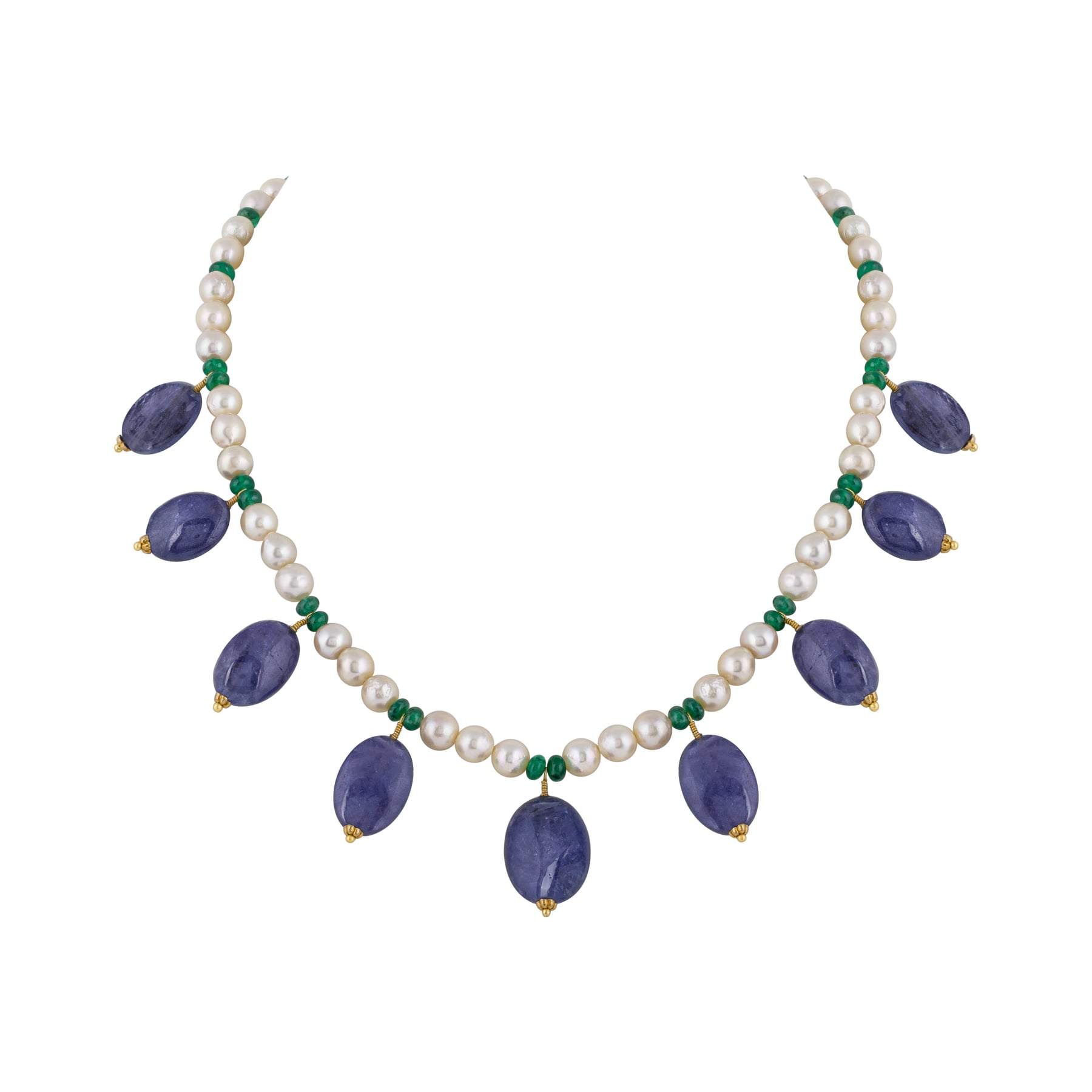 Polki Necklace Jadau Amethyst Hung on Pearl and Green Beads String