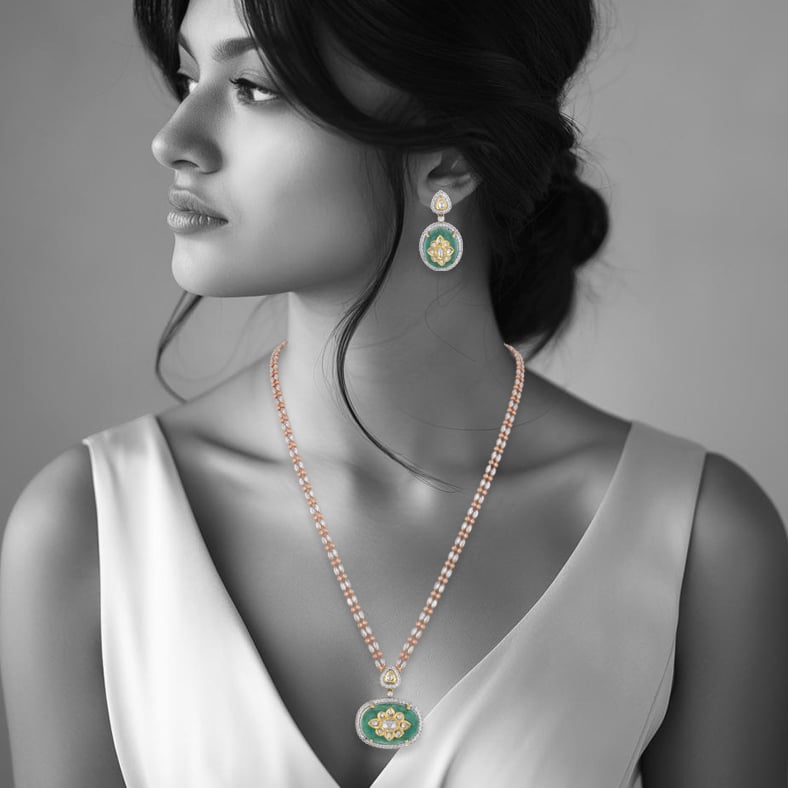 Green Stone Jadau Pendant with Diamond Halo and Fusion Chain
