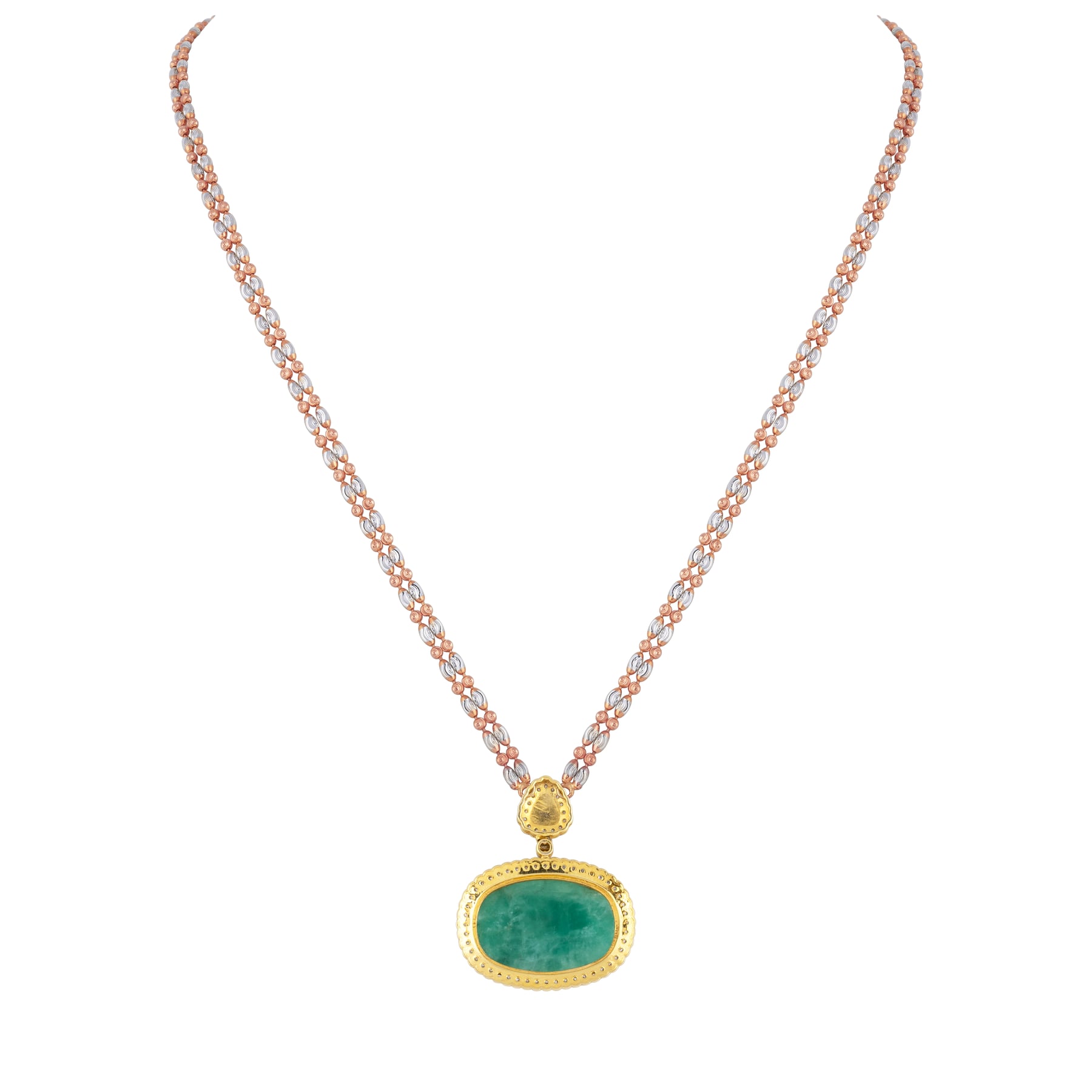 Green Stone Jadau Pendant with Diamond Halo and Fusion Chain