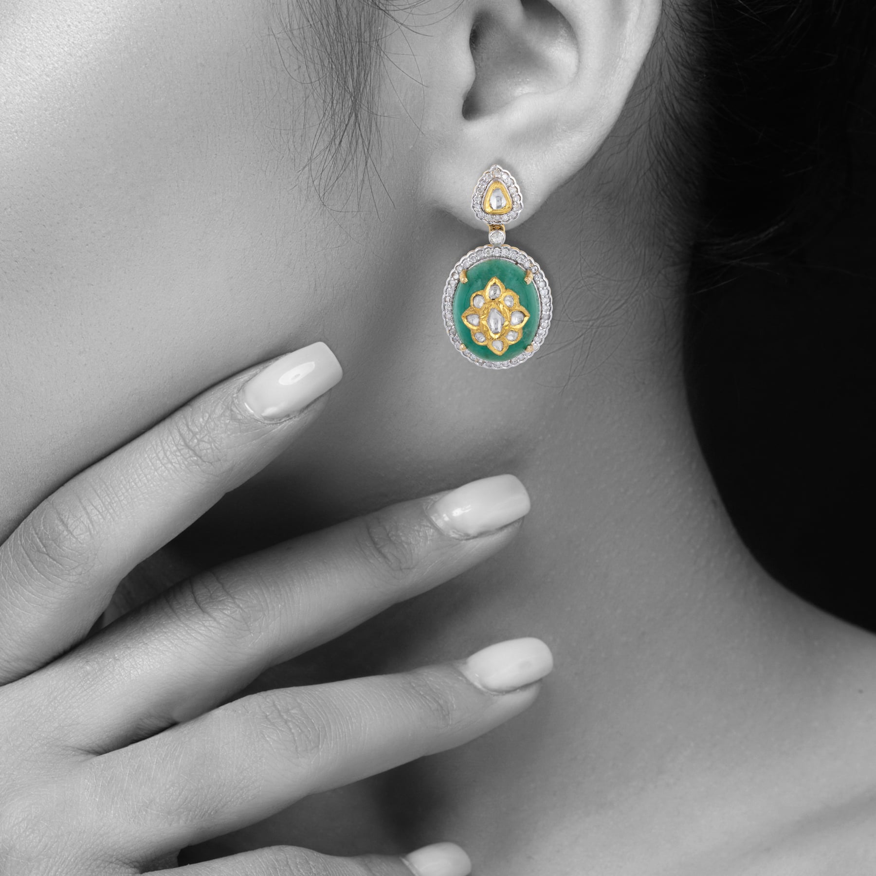 Emerald Jadau Earring with Diamond Halo